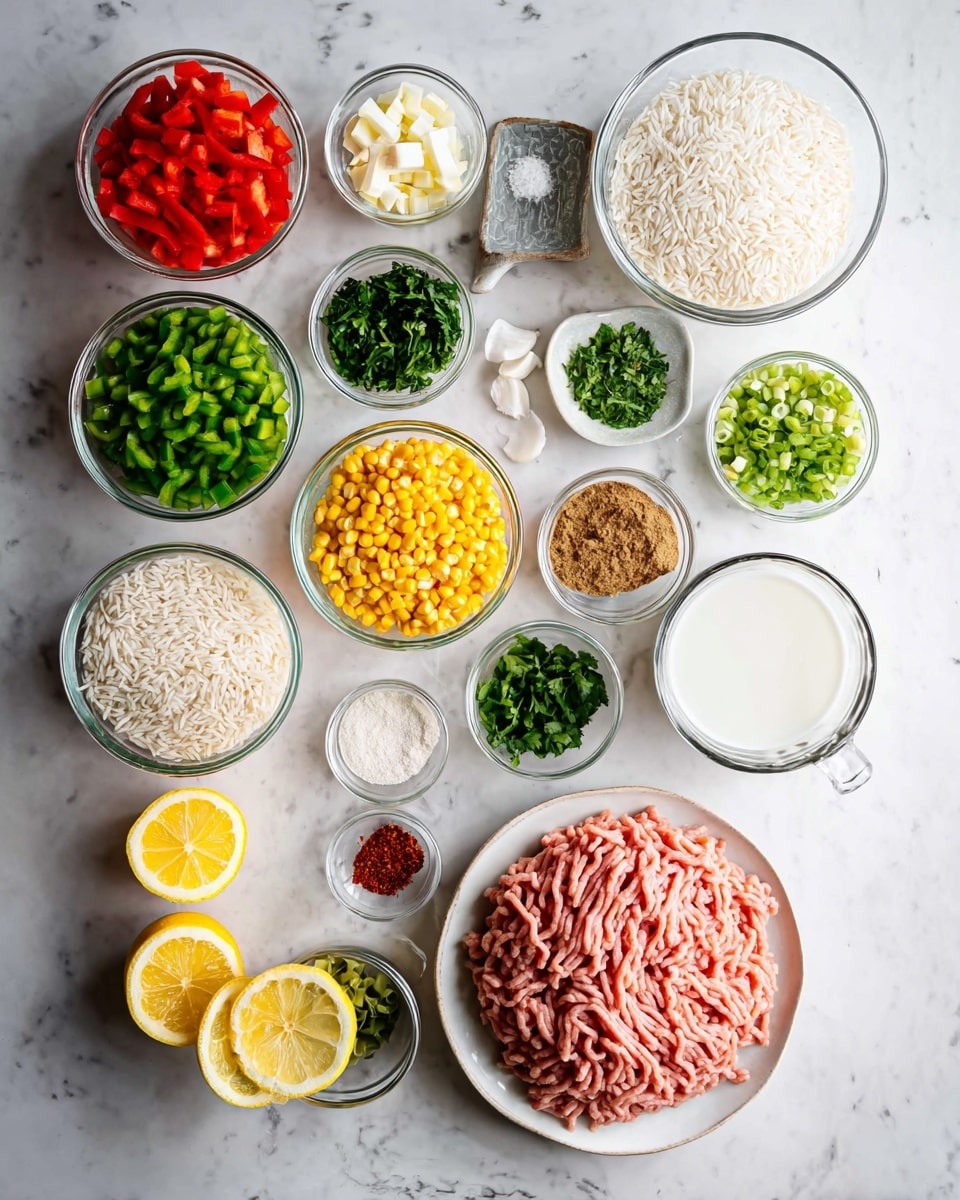A top view of many small white bowls and one white plate placed on a white marbled surface, each holding different ingredients arranged neatly. The white plate at the bottom right holds ground meat with a pink color and stringy texture. To its right, there is a clear glass cup filled with white liquid. Around the plate are small glass bowls and white bowls containing fresh chopped red and green bell peppers, finely chopped green herbs, diced shallots, minced garlic, chopped yellow corn kernels, raw long-grain white rice, and small piles of spices in red, white, and brown shades. Two lemon halves are placed at the bottom left next to the rice bowl. A woman's hand is not touching any ingredients. photo taken with an iphone --ar 4:5 --v 7