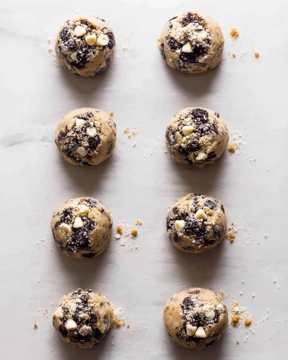 In a clear glass bowl on a white marbled surface, there is a mixture of three main layers. The bottom layer consists of creamy, pale yellow dough spread unevenly across one side. On top of the dough, to the left, is a pile of smooth, small, white chocolate chips, while on the right side, there is a heap of crushed dark chocolate cookies with visible white cream filling. The textures contrast with the soft dough, smooth chips, and crumbly cookie pieces. photo taken with an iphone --ar 4:5 --v 7