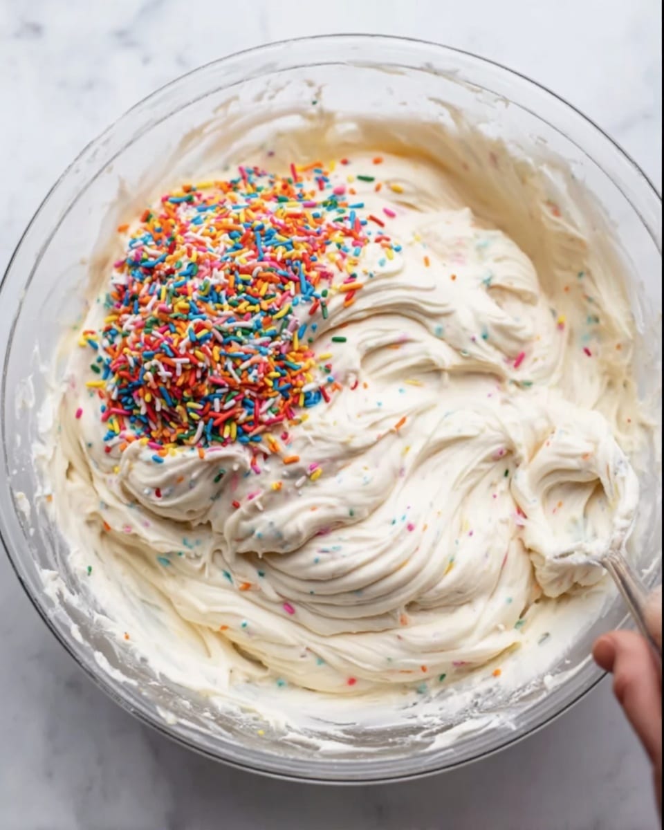 A large transparent glass bowl filled with thick, creamy white batter that has a smooth texture with small colorful specks mixed throughout. On top of the batter, a pile of bright, multi-colored sprinkles in red, orange, yellow, green, blue, and purple adds a vibrant contrast. The batter is swirled with peaks and soft folds, showing movement and softness. The bowl sits on a white marbled surface, and a woman's hand is holding a spoon that is stirring the batter. photo taken with an iphone --ar 4:5 --v 7