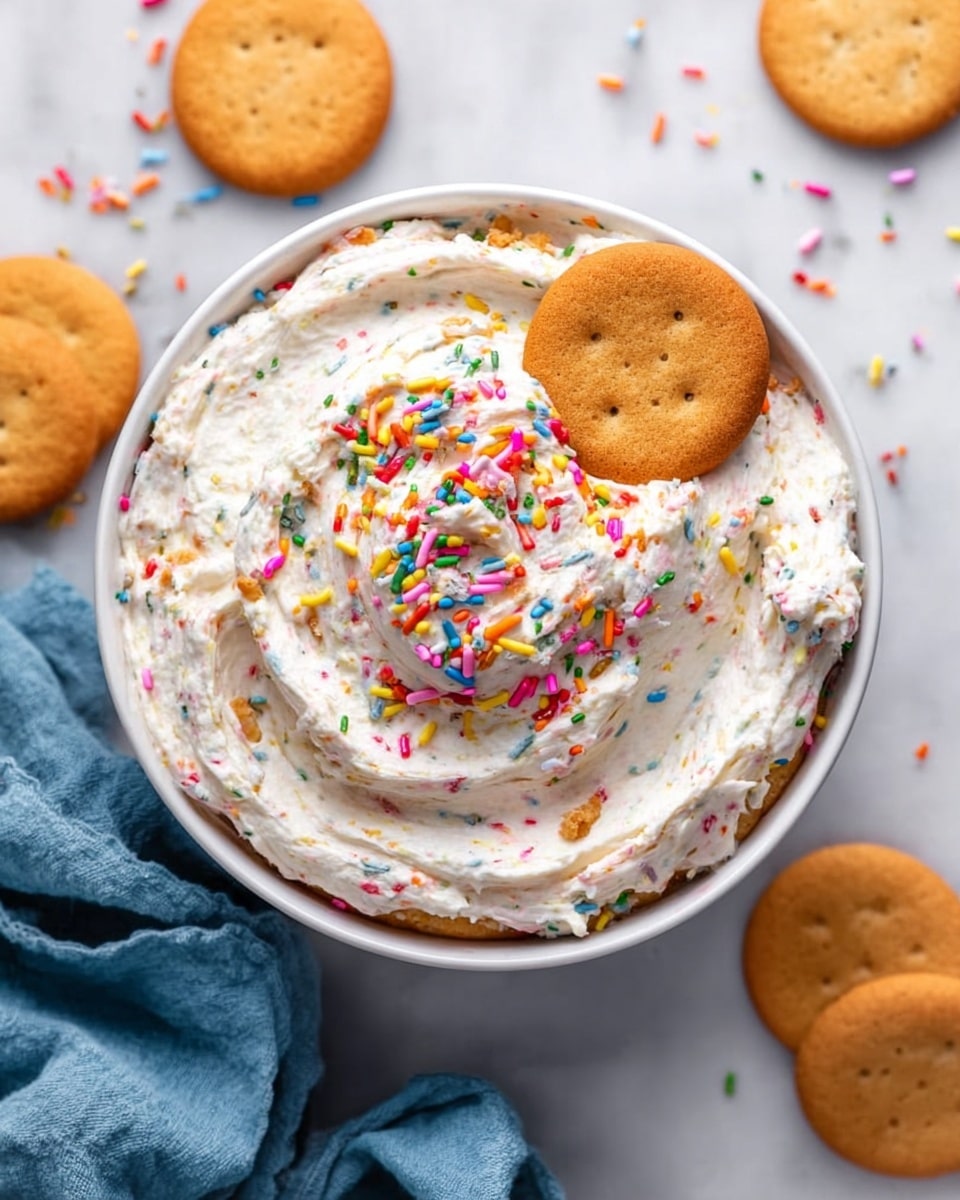 A white bowl filled with a thick, creamy white dip that has colorful sprinkles mixed throughout, giving it a festive look. The dip is swirled on top, with a small round golden-brown cookie stuck into the surface near the center. More colorful sprinkles are scattered on part of the top layer. Around the bowl, several more round golden-brown cookies are spread out, some lying flat and some leaning. A soft, wrinkled blue cloth rests near the bowl. The bowl and items are on a white marbled surface. Photo taken with an iphone --ar 4:5 --v 7