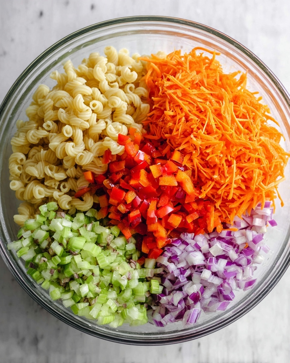 A clear glass bowl on a white marbled surface holds five separate layers of ingredients before mixing. At the top left is a pile of pale yellow elbow macaroni with a smooth texture, next to a bright orange mound of shredded carrots on the top right. Below the carrots is a layer of finely chopped red bell peppers with a shiny surface. At the bottom right, a pile of finely diced light green celery adds a fresh look, while the bottom left contains finely chopped purple onions, completing the colorful mix photo taken with an iphone --ar 4:5 --v 7