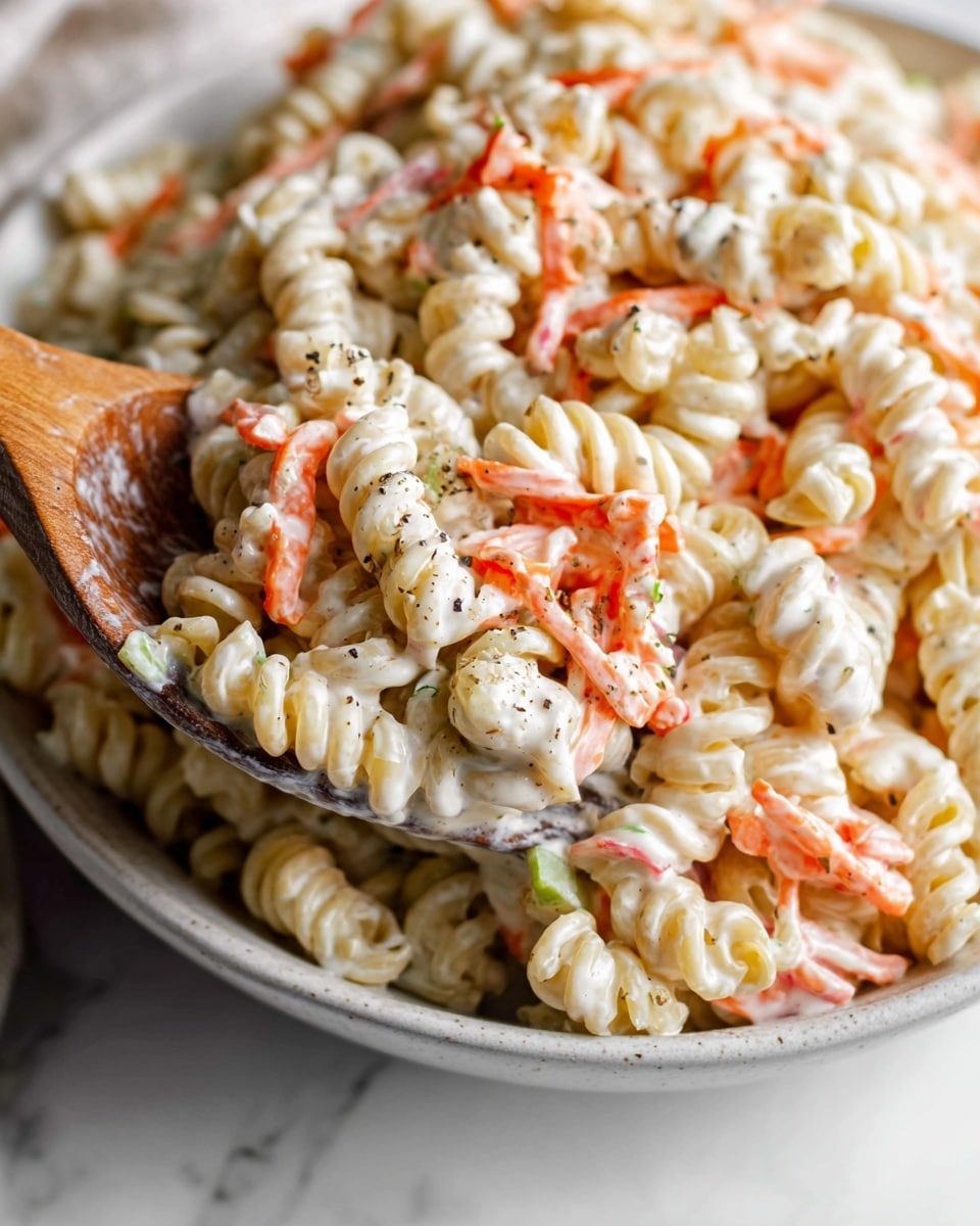 A close-up shot of a white bowl filled with creamy macaroni salad, showing three main layers: small spiral-shaped pasta with a light beige color, mixed with thin strips of orange carrot and small pieces of light green celery. The salad is covered with a creamy white dressing that coats each piece, and there are small black pepper specks sprinkled throughout. A wooden spoon is scooping the salad from the bowl, with a small part of a woman's hand holding the spoon visible on the left edge. The background has a white marbled texture. photo taken with an iphone --ar 4:5 --v 7