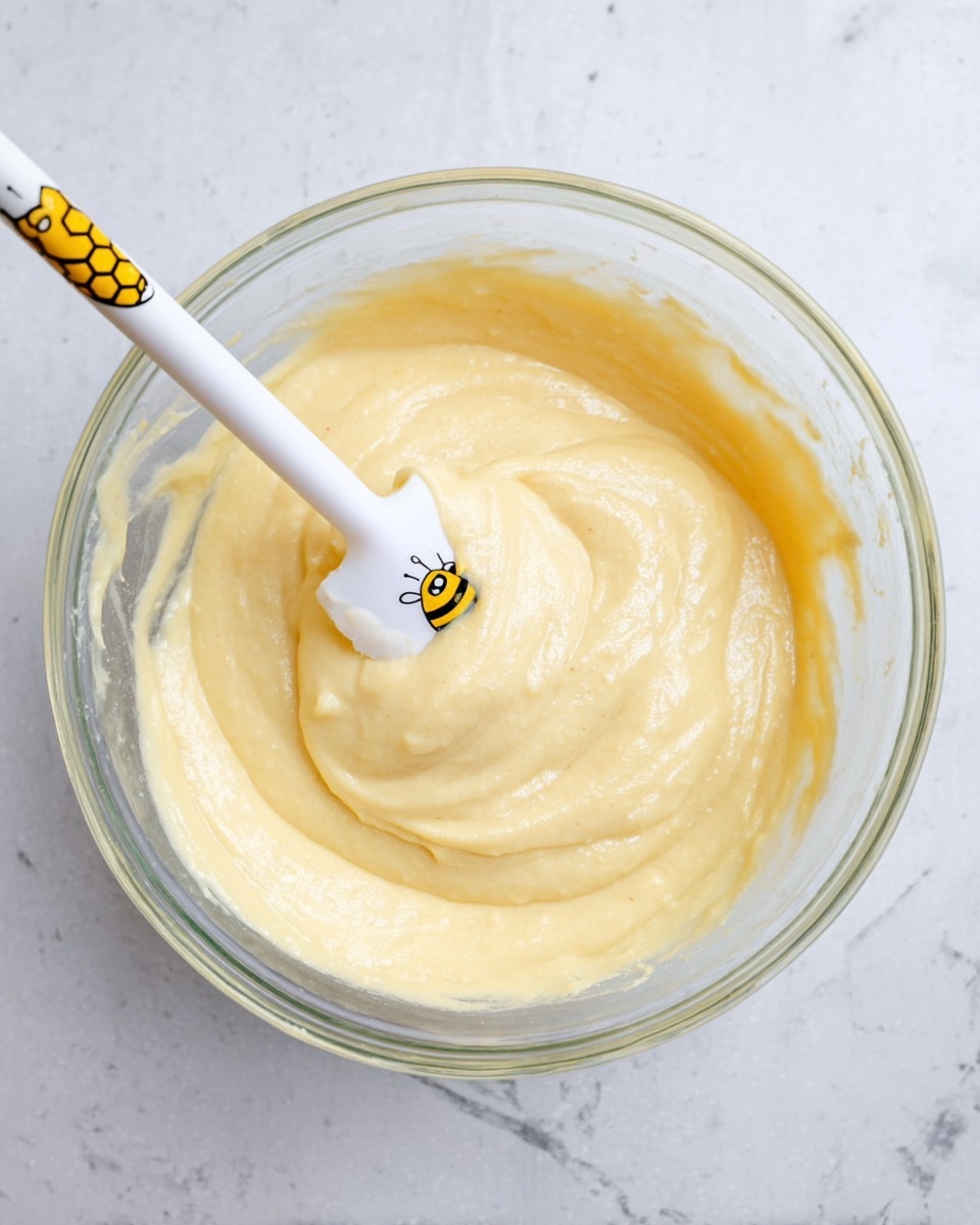 The image shows a clear glass bowl placed on a white marbled surface filled with a thick, smooth, pale yellow batter. The batter has a creamy texture with soft swirls from stirring. A white spatula with a yellow and black honeycomb pattern and a bee design is partially submerged in the batter, with some batter clinging to its edges. The scene focuses on the creamy mixture inside the glass bowl with no other items visible. Photo taken with an iphone --ar 4:5 --v 7