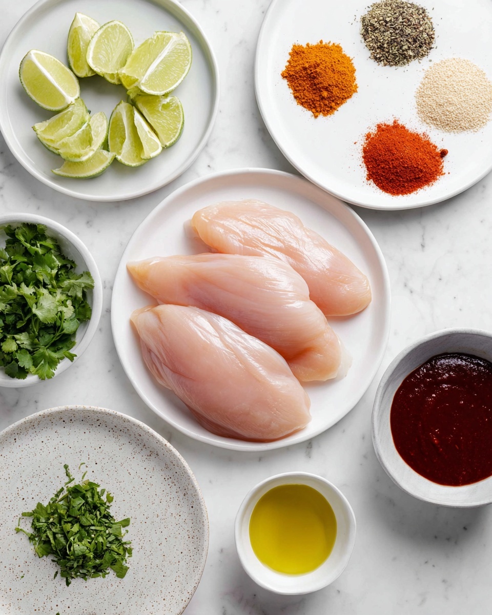 The image shows six white dishes arranged on a white marbled surface. In the center, a white plate holds three raw chicken fillets, pale pink and smooth. To the top left, a white plate holds eight lime wedges, bright green and juicy with white inner parts. To the top right, a white plate displays five piles of spices in red, orange, black, and light beige colors, each with a rough, grainy texture. Below that, two small white bowls hold a thick dark red sauce and a thinner dark brown sauce. To the bottom left, a speckled white plate has chopped fresh green herbs with some leaves visible. At the bottom center, a small white bowl contains light yellow olive oil with a smooth surface. Photo taken with an iphone --ar 4:5 --v 7
