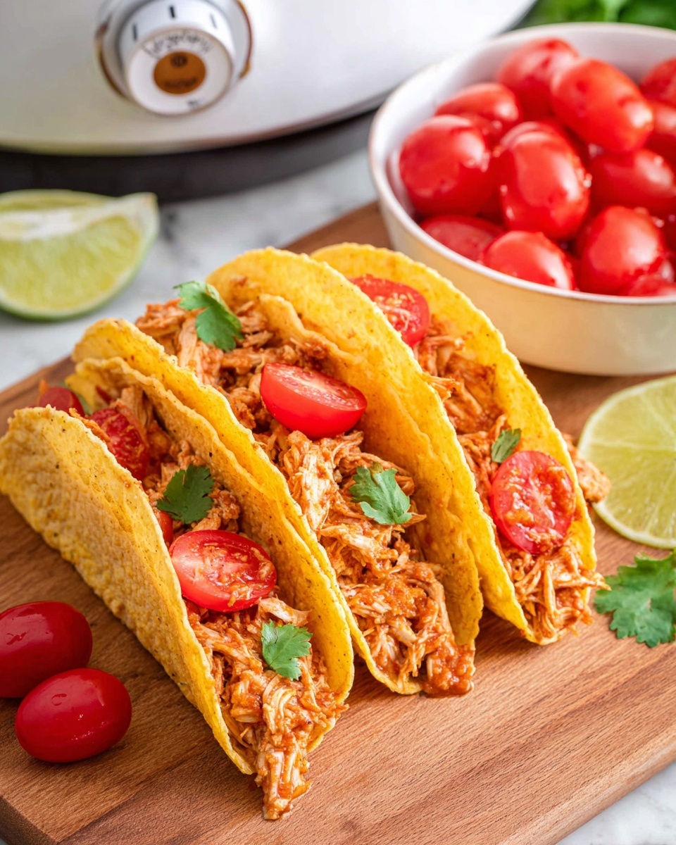 Three soft yellow taco shells stand upright on a round wooden board, each filled with a layered mix of light orange cooked chicken pieces, bright red chopped cherry tomatoes, and fresh green cilantro leaves. The tacos are arranged closely, showing the vibrant colors of the chicken and vegetables inside. Around the board, whole cherry tomatoes and green cilantro sprigs are scattered on a white marbled surface. The photo taken with an iphone --ar 4:5 --v 7