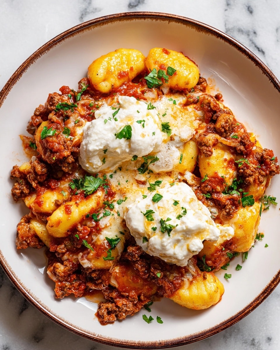 A white plate with a brown rim holds a serving of gnocchi pasta covered in a layer of chunky red tomato sauce mixed with browned ground meat. The gnocchi are soft and yellowish with melted cheese draped over them, creating golden, slightly browned textures. On top, there are two large dollops of white creamy ricotta cheese sprinkled with small green parsley leaves. The dish is garnished lightly with chopped parsley, adding bright green color spots. The plate sits on a white marbled surface. photo taken with an iphone --ar 4:5 --v 7