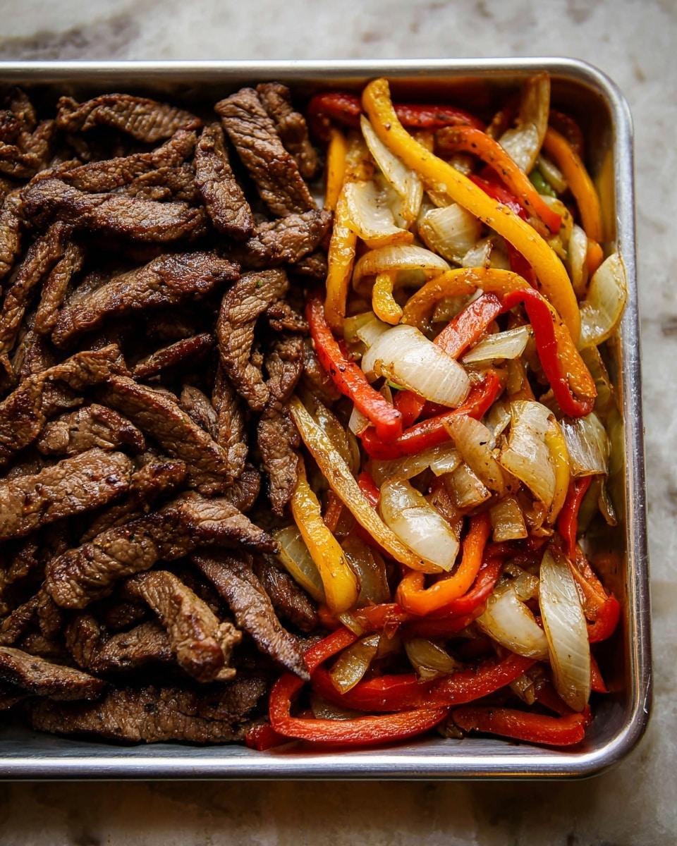 The image shows a metal tray filled with two distinct sections: on the left, there are many dark brown, grilled strips of meat layered closely together with a slightly shiny, cooked texture; on the right, there are colorful cooked vegetables including long strips of red and yellow bell peppers and light-colored onions, all mixed together and slightly softened, creating a rich contrast with the meat. The tray is placed on a white marbled surface. photo taken with an iphone --ar 4:5 --v 7