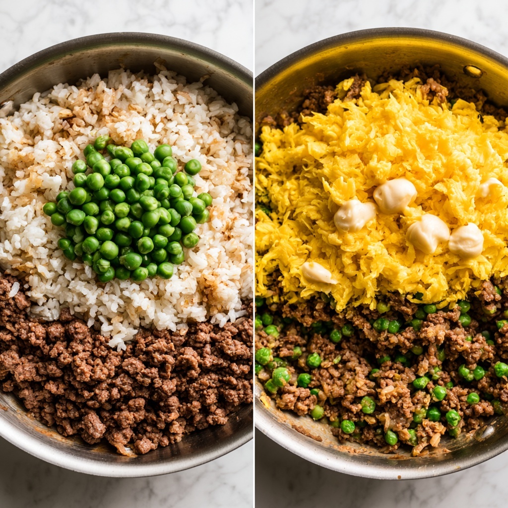 The image shows two stages of cooking in a pan. In the first part, there are three layers: the bottom layer is brown cooked ground meat, the middle layer is white and light brown cooked rice mixed unevenly, and the top layer is a pile of bright green peas centered on the rice. In the second part, the scene has mixed so the cooked rice and peas are blended with the ground meat, making a mostly brown base with scattered green peas. On top, there is a layer of bright yellow shredded cooked eggs and a few dollops of light cream or mayonnaise. The visuals are clear and warm, the pan has a slight shiny metallic surface, and the texture of each ingredient is noticeable against a white marbled background. Photo taken with an iphone --ar 4:5 --v 7