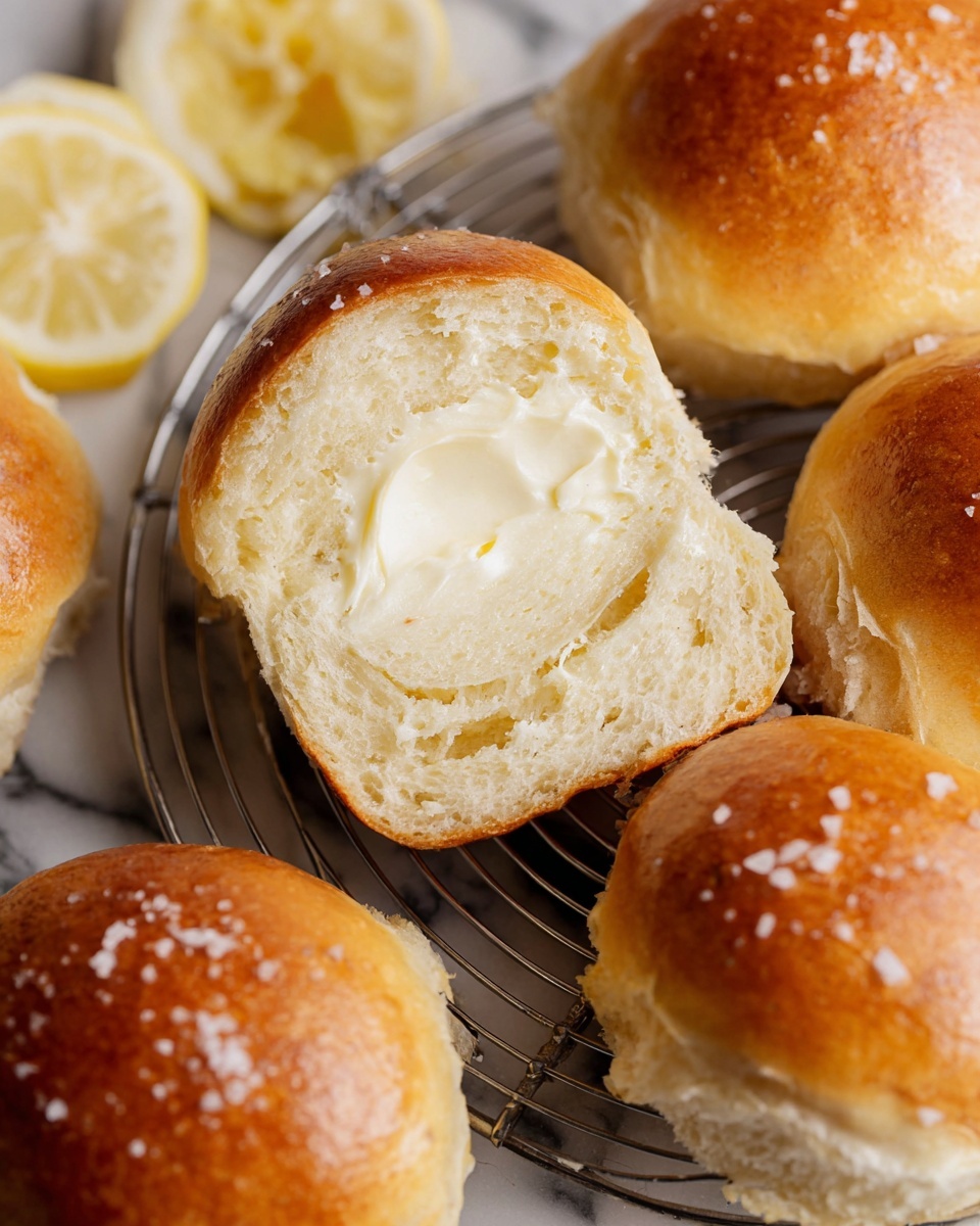 The image shows a close-up of a sliced golden-brown roll with a soft white inside, spread with creamy white butter topped with a sprinkle of coarse salt. Around the cut roll, there are whole golden rolls with shiny crusts. To the left, there is a slice of lemon with a pale yellow color. All the bread sits on a round metal cooling rack over a white marbled surface. The texture of the rolls looks tender and light. photo taken with an iphone --ar 4:5 --v 7