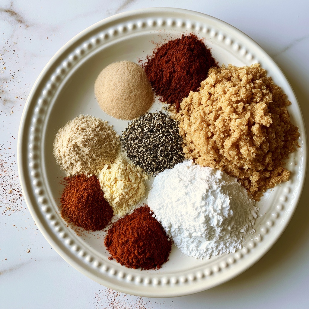 A white plate with a textured border holds eight piles of spices arranged in a circular pattern. Starting from the top, there is a dark red powder labeled chipotle on the upper right, next to a large rough-textured pile of light brown sugar on the right side. Below the brown sugar is a bright white pile of baking powder with a fine texture. To the left of the baking powder, there is a black and white speckled pile of pepper. Above the pepper is a smooth beige pile of salt. Continuing to the left, there is a light beige onion powder, below it a pale yellow garlic powder, then a reddish-brown chili powder, and lastly a dark red pile of smoked paprika at the bottom left. The plate sits on a white marbled surface with a few small spice scattered spots around it. photo taken with an iphone --ar 4:5 --v 7
