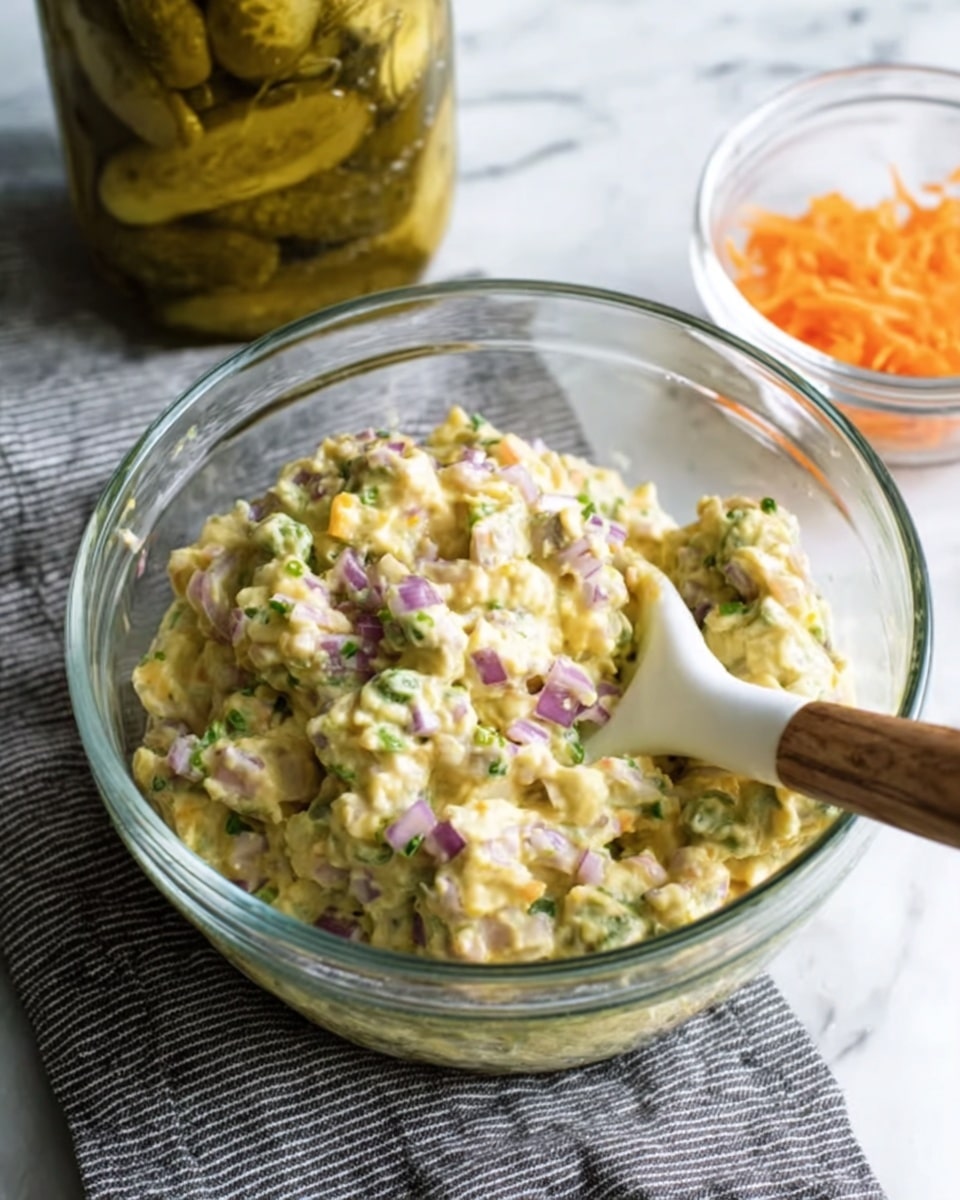 A clear glass bowl filled with a creamy, chunky mixture that is light yellow with small bits of green and pieces of purple onion scattered on top. A wooden spoon with a white spatula is resting inside the bowl. The bowl is placed on a gray striped cloth on a white marbled surface. In the background, there is a large jar filled with yellow-green pickles and a small clear bowl containing shredded orange carrots. Photo taken with an iphone --ar 4:5 --v 7