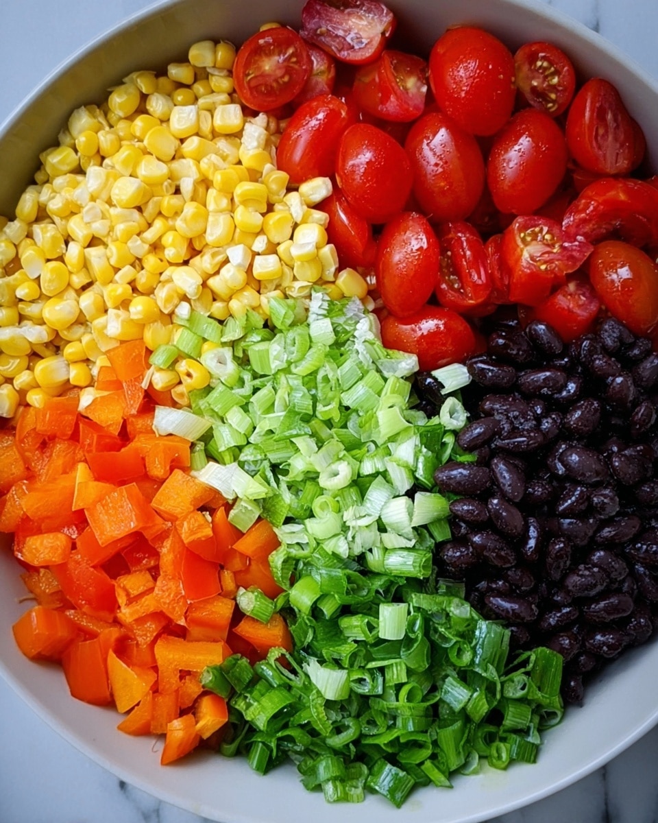 The image shows a close-up of a bowl filled with six different fresh ingredients arranged in sections. Starting from the top left, there is a pile of bright yellow corn kernels. Next to the corn on the top right are vibrant red cherry tomatoes, each sliced in halves or quarters. On the bottom right side, there are shiny black beans grouped together in a neat cluster. In the center of the bowl, light green chopped lettuce is placed. Below the lettuce is a section of fresh green chopped spring onions. Finally, on the bottom left, there are orange diced bell peppers. The bowl is white with a smooth texture, and the background is a white marbled surface. Photo taken with an iphone --ar 4:5 --v 7