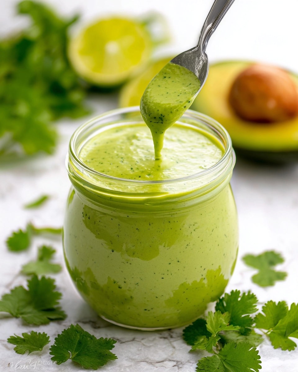 A clear, round glass jar is filled with thick, smooth green sauce that has tiny dark flecks inside. A metal spoon is partially dipped into the sauce, with some sauce dripping slightly over the jar’s rim on the right side. The jar is placed on a white marbled surface, surrounded by fresh bright green cilantro leaves scattered around the base. In the blurred background, there are halved limes showing their juicy light green inside and a halved avocado with dark green skin and a visible brown seed. The overall look is fresh and vibrant, with shades of green dominating the image, photo taken with an iphone --ar 4:5 --v 7