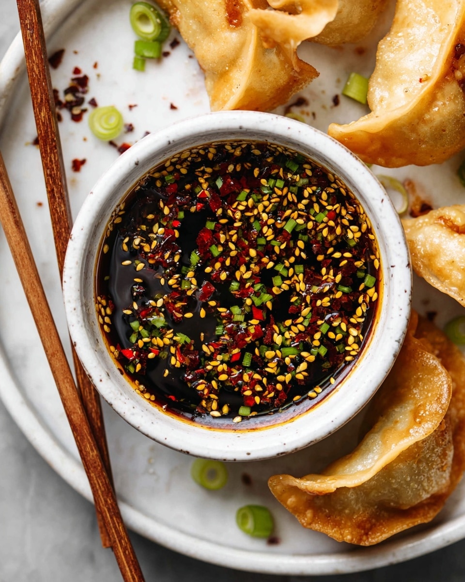 A white bowl filled with dark soy sauce mixed with bright yellow sesame seeds, green chopped spring onions, and small red chili flakes floating on the surface sits in the center of a white marbled plate. Around the bowl, there are several golden brown fried dumplings with crispy edges, slightly puffed and folded, and a few scattered green onion pieces. Wooden chopsticks rest on the left edge of the plate, partially visible. Photo taken with an iphone --ar 4:5 --v 7