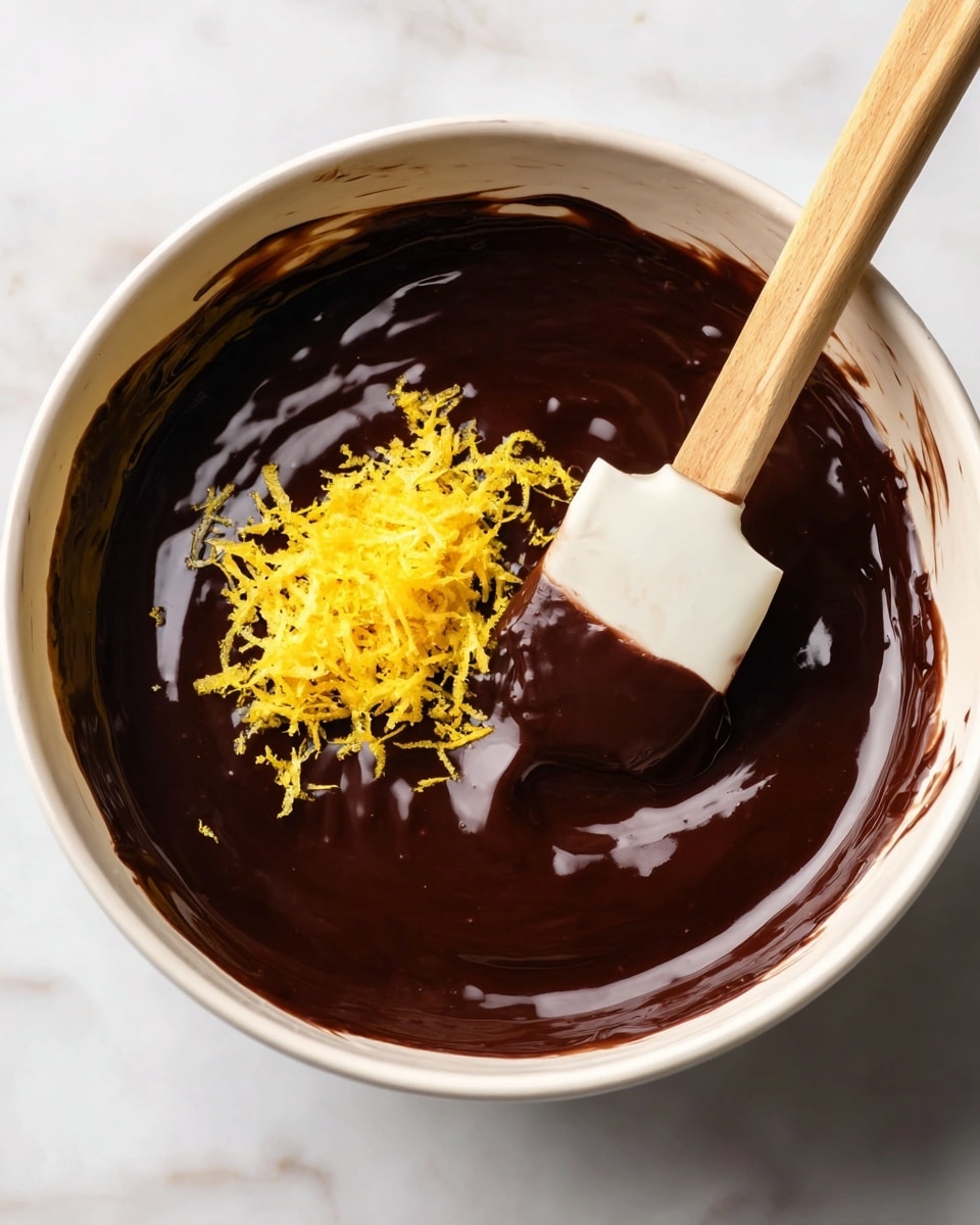 A close-up view of a white bowl filled with dark, shiny chocolate sauce. The chocolate sauce is thick and smooth, covering the whole inside of the bowl. On top of the chocolate, slightly to the left, there is a small pile of bright yellow lemon zest. A white spatula with a light brown wooden handle is partly covered in chocolate and is resting inside the bowl on the right side, angled towards the center. The bowl sits on a white marbled surface that adds a clean and bright background to the image. photo taken with an iphone --ar 4:5 --v 7