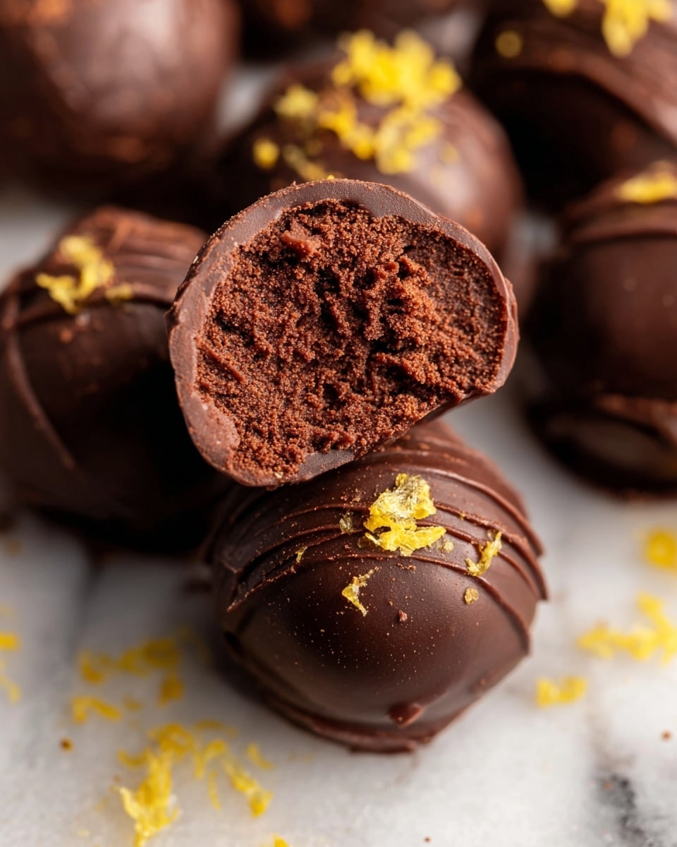 The image shows close-up chocolate truffles on a white marbled surface. Each truffle has two main layers: a smooth, shiny dark chocolate shell on the outside and a soft, textured dark chocolate filling inside. One truffle is open, showing the rough, crumbly filling inside contrasted with the smooth outer shell. Around the truffles, there are small pieces of bright yellow zest scattered on the surface, adding a pop of color. The truffles are round and appear rich and dense. photo taken with an iphone --ar 4:5 --v 7