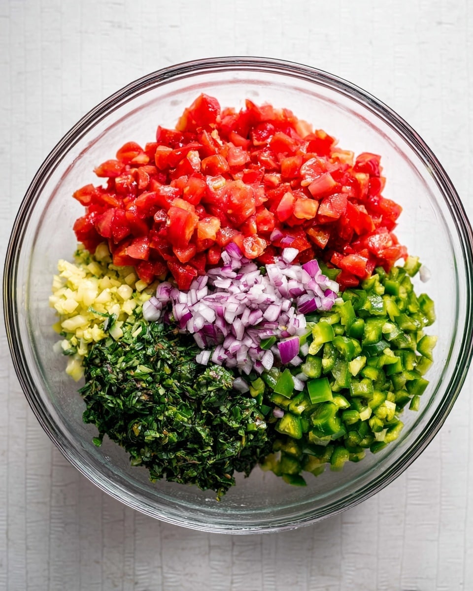 A clear glass bowl sits on a white marbled surface filled with five different chopped ingredients arranged in separate sections. On the top left, bright red diced tomatoes form a large, chunky layer. To the right of the tomatoes is a small pile of finely chopped purple onions. Below the onions and slightly left, there is a portion of light yellow minced garlic. To the bottom right, small chopped green peppers create a dense, fresh green layer. Finally, the bottom left corner has a heap of chopped dark green leafy herbs, likely cilantro or parsley. The colors are vivid, and textures range from smooth and juicy to crisp and leafy. Photo taken with an iphone --ar 4:5 --v 7