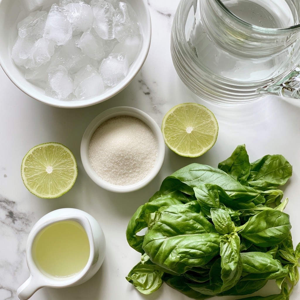 A top-down view of fresh ingredients arranged on a white marbled surface includes a white bowl filled with clear ice cubes at the top left, a clear glass pitcher of water with visible ridges at the top right, and a small white bowl filled with granulated sugar placed slightly below the ice bowl. Two lime slices, light green with visible seeds and a white center, are positioned on either side of the sugar bowl. Below these, a thick bunch of bright green fresh basil leaves with visible veins and natural curled edges lies at the bottom right, while a small white jug filled with pale yellow lime juice sits near the bottom left. Each item is clearly labeled in black text for easy identification. Photo taken with an iphone --ar 4:5 --v 7