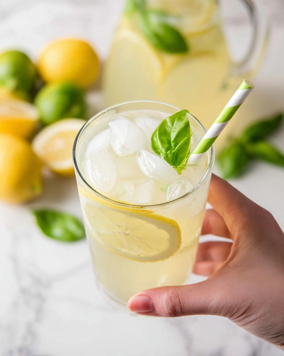 A clear glass filled with a light yellow lemonade drink with several ice cubes floating inside. There is a thin slice of lemon at the bottom and another larger lemon slice hanging on the rim of the glass. A small green basil leaf sits on top as garnish. The glass has a white and green striped paper straw inside. A woman's hand is holding the glass from the bottom left of the image. In the blurry background, a clear pitcher with the same lemonade and ice is visible surrounded by whole lemons and basil leaves on a white marbled surface. Photo taken with an iphone --ar 4:5 --v 7
