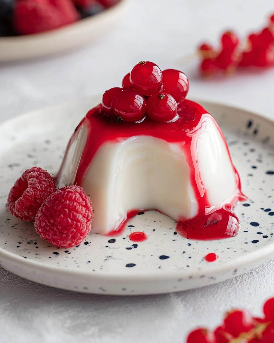 A white plate holds a single-layer, white, gelatin dessert shaped like a flower with soft, rounded petals. On top of it is a cluster of shiny, red currants sitting in the center, surrounded by a bright red sauce that pools around the dessert and spreads lightly onto the plate. To the right side of the plate is a silver spoon resting partially on the plate near one whole raspberry also dipped in the red sauce. The plate sits on a white marbled surface with a few red currants scattered nearby. Photo taken with an iphone --ar 4:5 --v 7