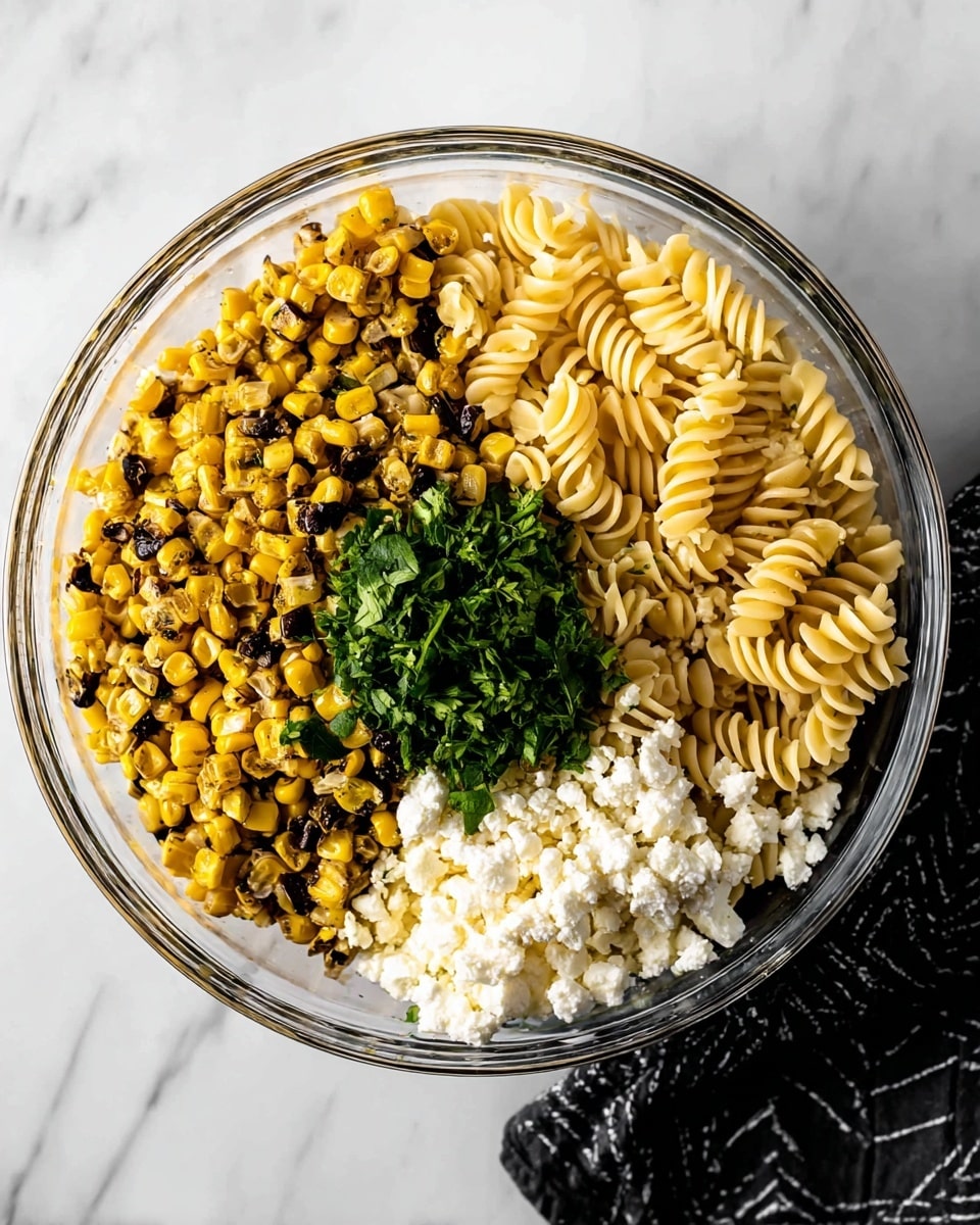 A clear glass bowl shows four ingredients in separate sections: on the left, dark roasted yellow corn kernels fill nearly half the bowl, with some charred bits adding texture; on the top right, pale yellow spiral pasta sits neatly packed; below the pasta, a bright green pile of chopped herbs, likely cilantro, adds a fresh look; on the bottom right, a pile of crumbly white cheese completes the mix. The bowl rests on a white marbled surface, and a black cloth with white patterns is partially visible on the right side. photo taken with an iphone --ar 4:5 --v 7
