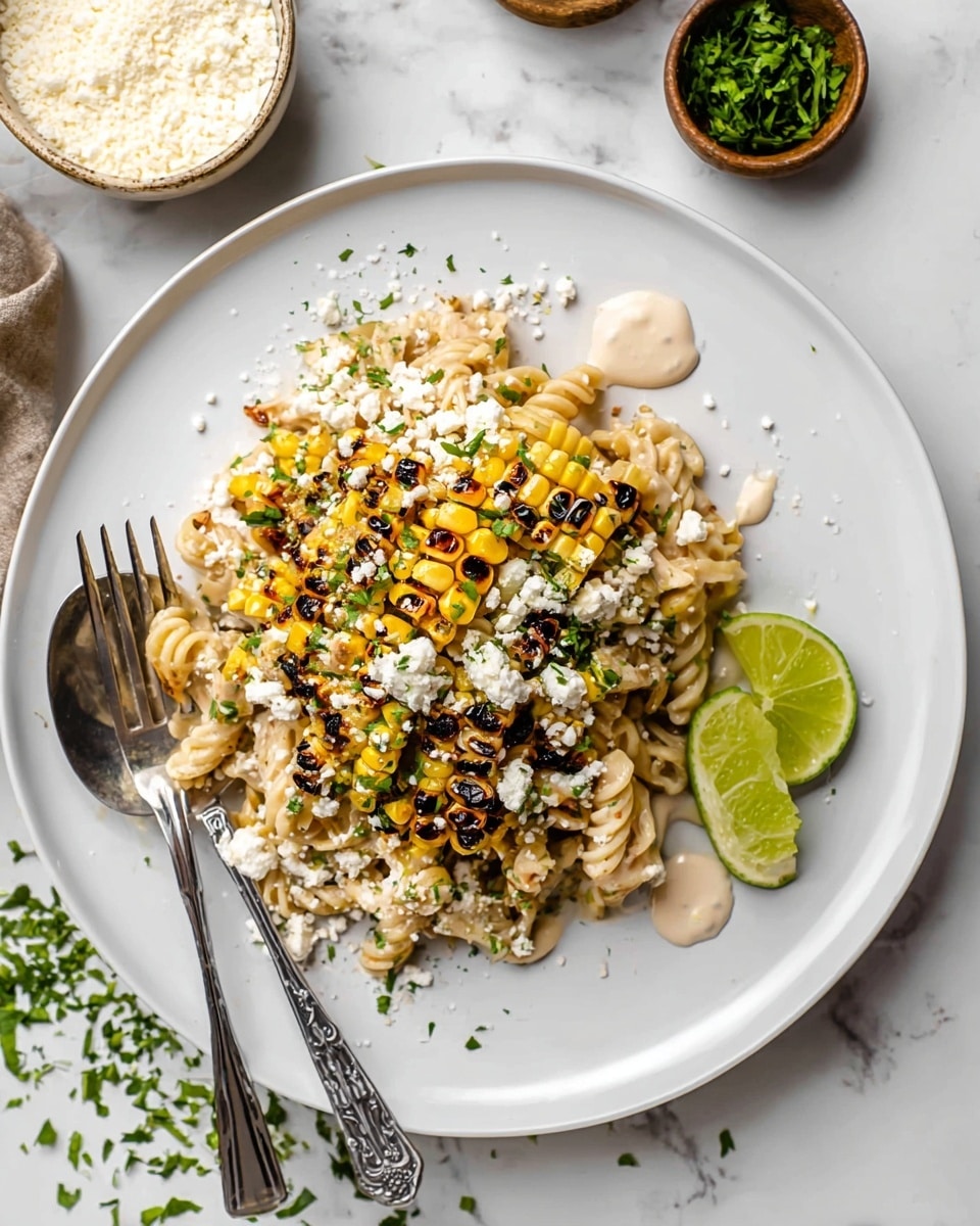 The image shows a large clear glass bowl filled with a creamy pasta salad. The pasta is rotini, colored light beige, coated with a creamy white sauce. Mixed into the pasta are small pieces of corn in bright yellow and small black beans or olives scattered throughout. There are also tiny bits of green herbs spread evenly. A gray-handled spatula is partially submerged in the bowl on the right side. The bowl sits on a white marbled surface with a dark cloth featuring a subtle pattern nearby. Photo taken with an iphone --ar 4:5 --v 7