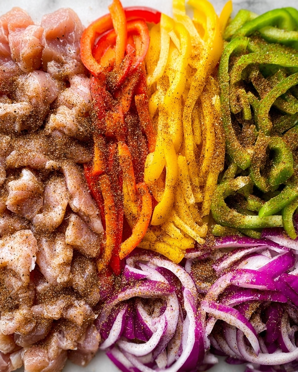 The image shows a close-up of five layers of sliced food arranged side by side on a white marbled surface. From left to right, the first layer is light pink raw chicken pieces, the second layer is bright yellow bell pepper strips, the third layer is red bell pepper strips, the fourth layer is green bell pepper strips, and the fifth layer is purple sliced onion rings. Each layer is generously sprinkled with dark brown seasoning powder evenly covering the top. The textures show the softness of the raw chicken and the crispness of the fresh vegetables. photo taken with an iphone --ar 4:5 --v 7