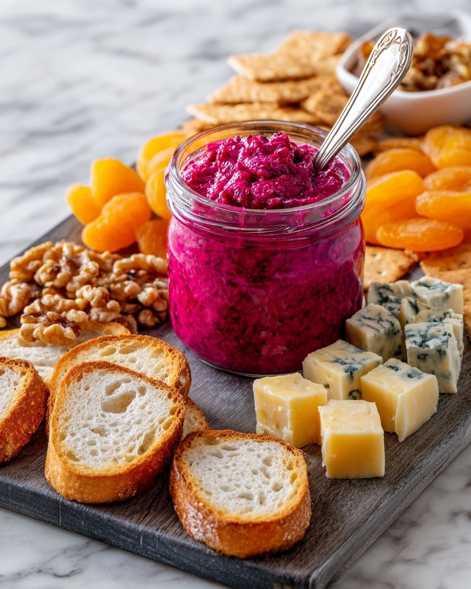 A clear glass jar filled with bright pink chunky sauce sits in the center on a white marbled surface, with a silver spoon sticking out of it. Around the jar, there are several toasted white bread slices with a golden brown crust, light brown candied walnuts, square light brown crispy seed crackers, orange dried apricots, and chunks of pale yellow and blue-veined cheese arranged neatly. The whole setup is on a dark board that contrasts with the white marbled surface below. photo taken with an iphone --ar 4:5 --v 7