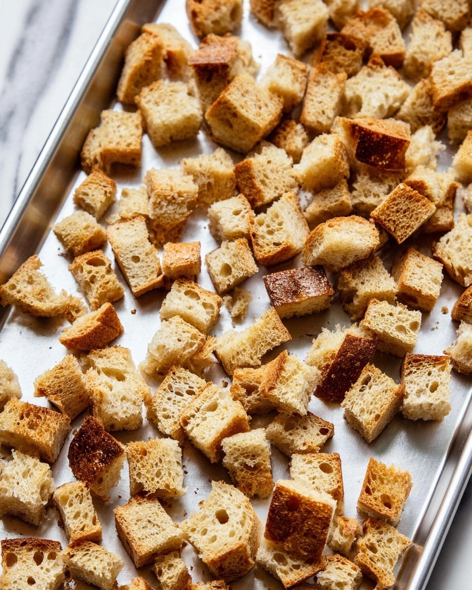 The image shows many small cubes of bread scattered on a metal baking tray. The bread cubes are light brown with a rough texture and some holes inside, and a few pieces have darker, crisp edges. The tray has a shiny silver finish and is placed on a white marbled surface. photo taken with an iphone --ar 4:5 --v 7