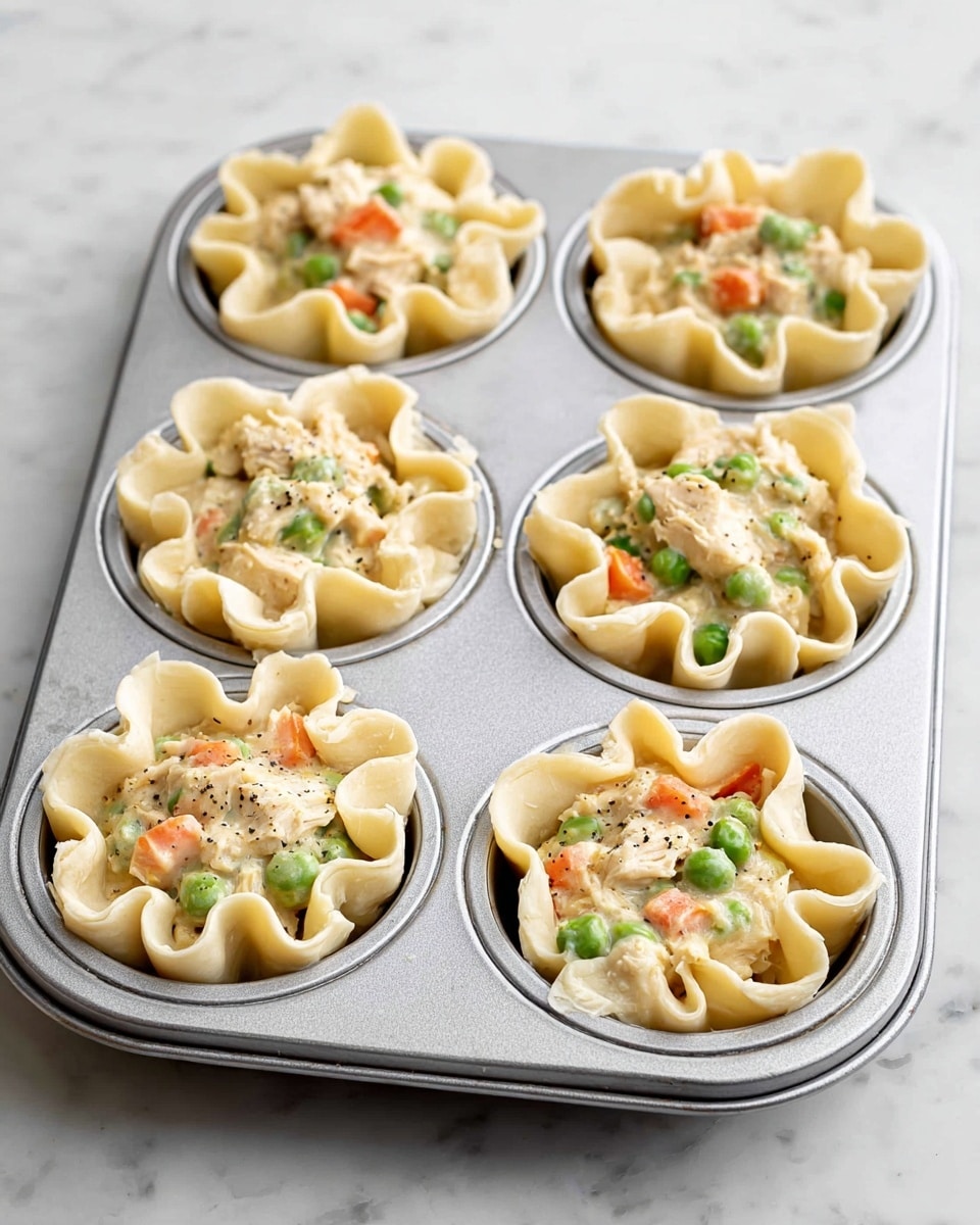 Six small round mini pies sit in a silver metal muffin tray on a white marbled surface. Each mini pie has a light tan dough crust folded up in uneven ruffled edges above the rim of the tin. Inside each crust is a creamy filling with visible bright green peas and soft orange carrot chunks mixed with small pieces of pale chicken in a light beige sauce. The filling sits slightly mounded above the crust edges, showing a thick texture with black pepper specks. The overall look is soft and homey, ready to bake. photo taken with an iphone --ar 4:5 --v 7