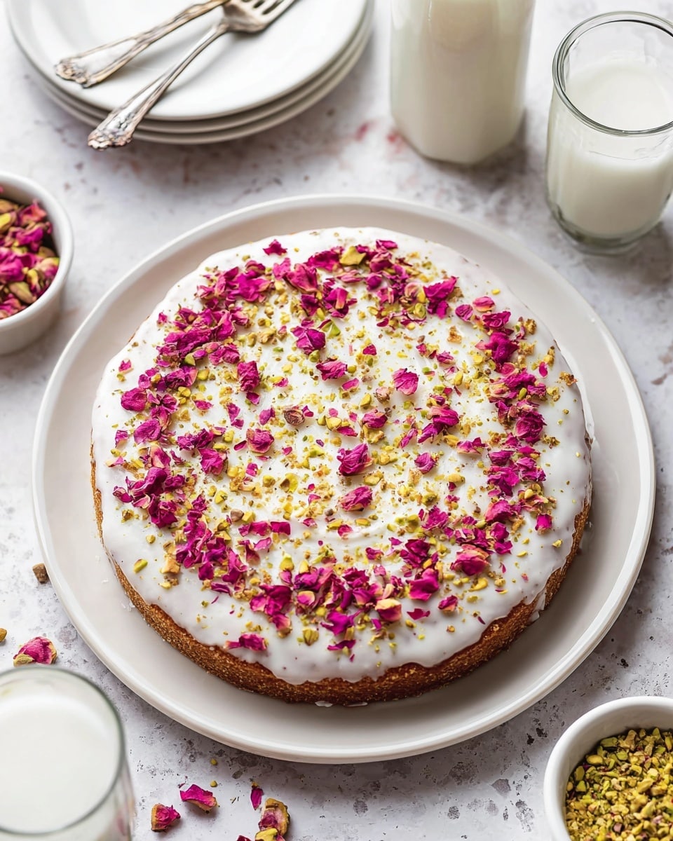 A single-layer round cake sits on a white plate, covered with a smooth white icing layer on top. The icing is decorated with crushed light green pistachio pieces scattered evenly across the surface, with a ring of bright pink rose petals along the outer edge. The cake looks moist and textured beneath the icing, and it is placed on a white marbled surface surrounded by small white dishes holding more crushed pistachios and rose petals, glasses of milk, and a bottle of milk, with a white plate holding two silver forks in the background. Photo taken with an iphone --ar 4:5 --v 7