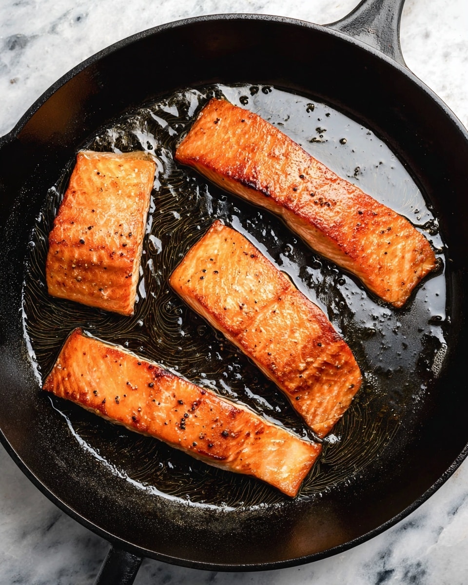 Three salmon fillets with a crispy golden brown surface are frying in a black cast iron pan. The fillets are placed flat in the pan, each showing small black pepper specks and slightly textured cooked flesh. They are sitting in glistening oil that creates light ripples around the fillets. The pan is on a white marbled textured surface. photo taken with an iphone --ar 4:5 --v 7