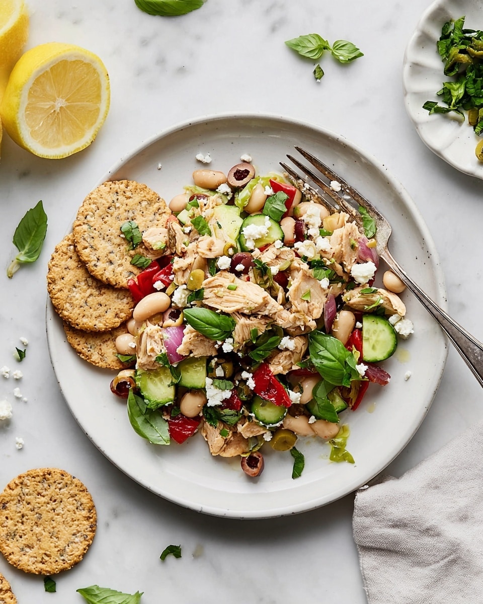 A white plate sits on a white marbled surface, holding a layered dish. At the bottom, round crackers with a speckled, grainy texture form a base layer on one side. Above them, a mix of white beans, chopped green olives, red diced roasted peppers, small cubes of cucumber, and bits of red onion spread across the plate. Interspersed are pieces of light tan cooked chicken and crumbled white cheese, topped with chopped green parsley and basil leaves for a fresh look. A silver fork rests on the left side of the plate, partially on the food. Nearby, two lemon wedges lie on the white marbled background, along with scattered green basil leaves and chopped parsley on a small white dish. photo taken with an iphone --ar 4:5 --v 7