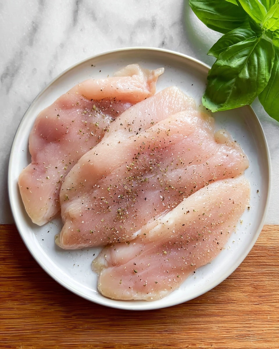 A white plate holds four raw chicken fillets, each spread out to fill the plate. The chicken pieces are pale pink with a smooth, slightly shiny texture, showing some thin lines of muscle. Each fillet is sprinkled with coarse salt and black pepper, creating small textured dots on the surface. The plate sits on a white marbled surface, and to the right, there are bright green basil leaves partially visible. The photo is taken with an iphone --ar 4:5 --v 7