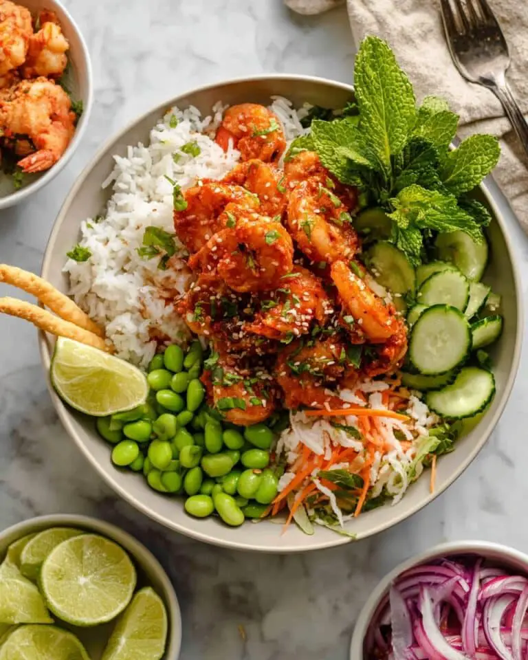 Hot Honey Shrimp Bowl with Crispy Wontons and Pickled Veggies Recipe