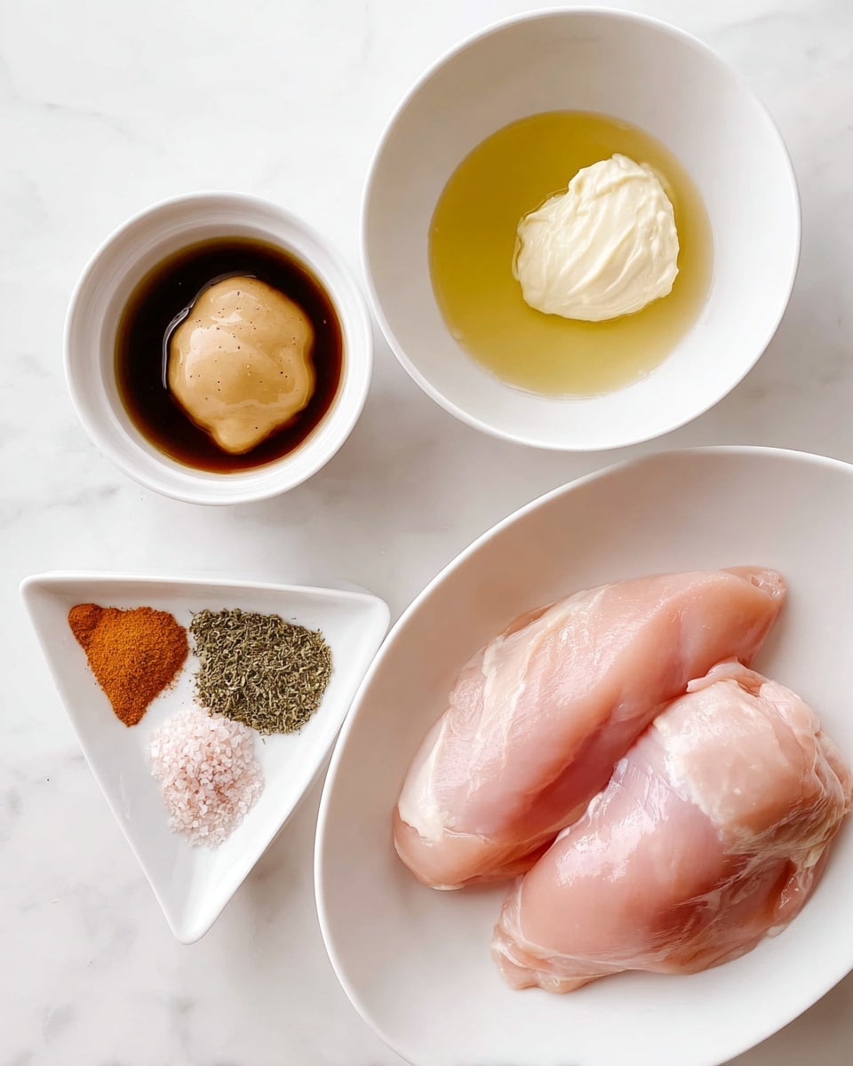 A white plate holds three raw chicken pieces, pink with smooth skin and placed close together near the top right side of the image. Below it, a white bowl is filled with a light yellow oily liquid and a dollop of creamy white mayonnaise mixing slightly in the center. To the left of this bowl, a small white round bowl contains a dark brown liquid with a tan creamy dollop on top, creating a layered texture. In the bottom left corner, a triangular white dish holds four neatly arranged dry spices: a small orange mound, green dried herbs, black pepper, and pink salt, each in a small section. All items rest on a white marbled surface. photo taken with an iphone --ar 4:5 --v 7