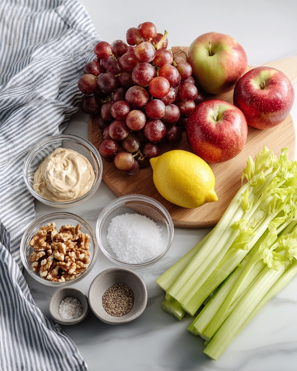 The image shows a wooden board on a white marbled surface holding clusters of red and green grapes at the back left and a trio of red apples near the center and right. A bright yellow lemon sits in front of the apples, closer to the left side. Next to the lemon, there is a clear glass bowl filled with light-colored creamy spread and another clear glass bowl with walnut pieces. To the front left, there are three round gray stone bowls, two larger ones containing coarse salt and mixed peppercorns, and a smaller one with white granulated sugar. On the right side of the wooden board, there are three long celery stalks resting on a folded striped blue and white cloth. The whole scene is lit softly with no shadows, creating a fresh and clean look. photo taken with an iphone --ar 4:5 --v 7