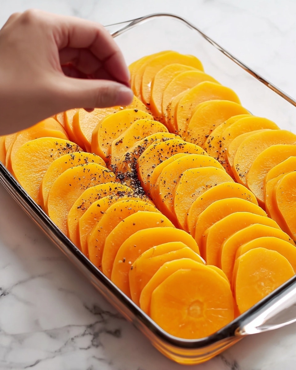 A clear glass baking dish is filled with thin, bright orange slices of a vegetable, neatly layered in rows overlapping each other, covering the entire base of the dish. A woman's hand is reaching into the bottom left corner, sprinkling black pepper over the slices. The dish sits on a white marbled surface, and the top edge of the image has large black text partially visible. Photo taken with an iphone --ar 4:5 --v 7