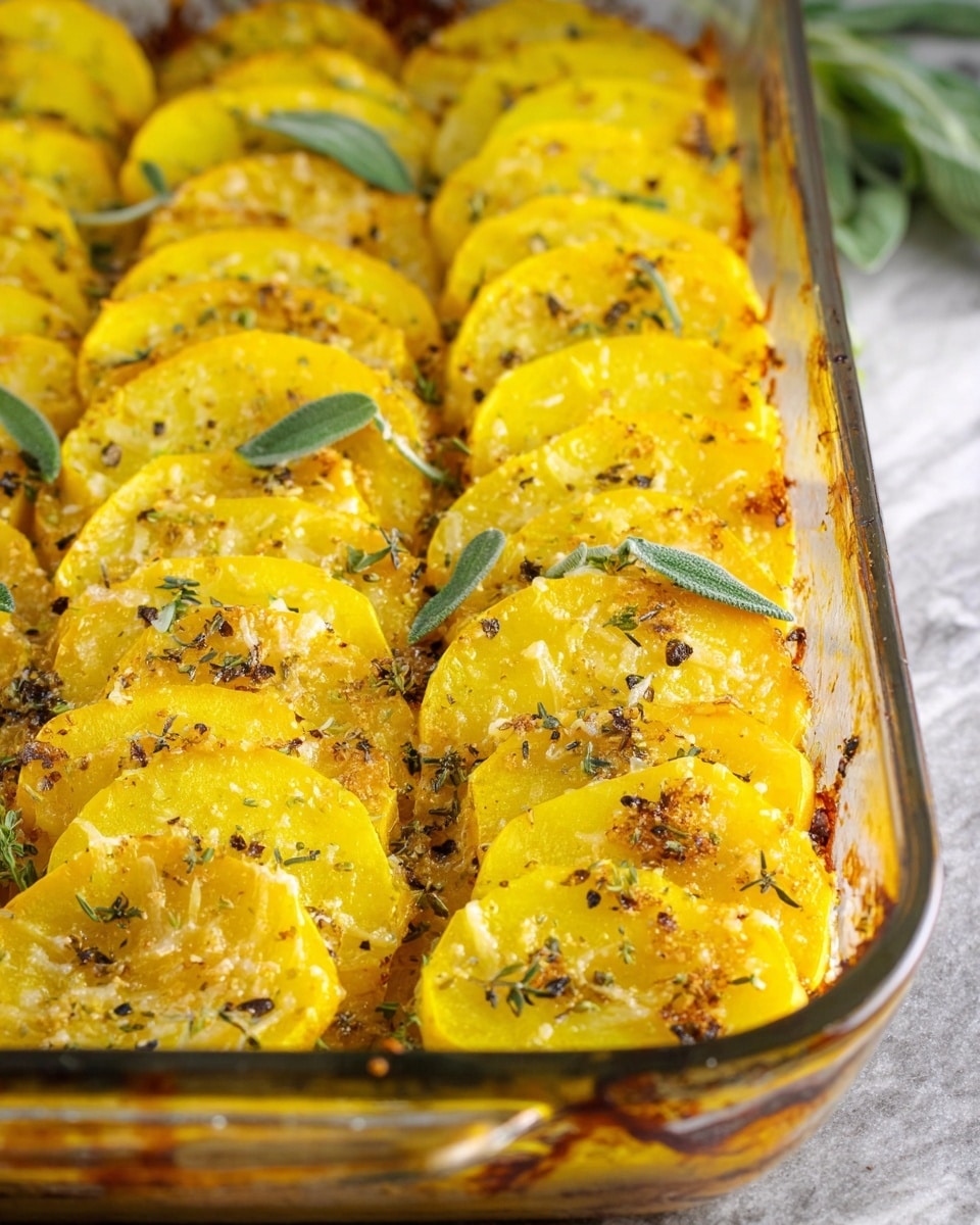 The image shows a glass baking dish filled with several layers of thin yellow slices arranged upright in rows, likely yellow squash or potatoes. Each slice is coated with a light layer of melted cheese and sprinkled with small bits of herbs and seasoning, giving a textured look of green and black specks on the golden surface. Around the edges, there is slight browning, indicating crispiness and baking. Some small sage leaves are scattered on top for decoration. The dish is placed on a white marbled background. Photo taken with an iphone --ar 4:5 --v 7