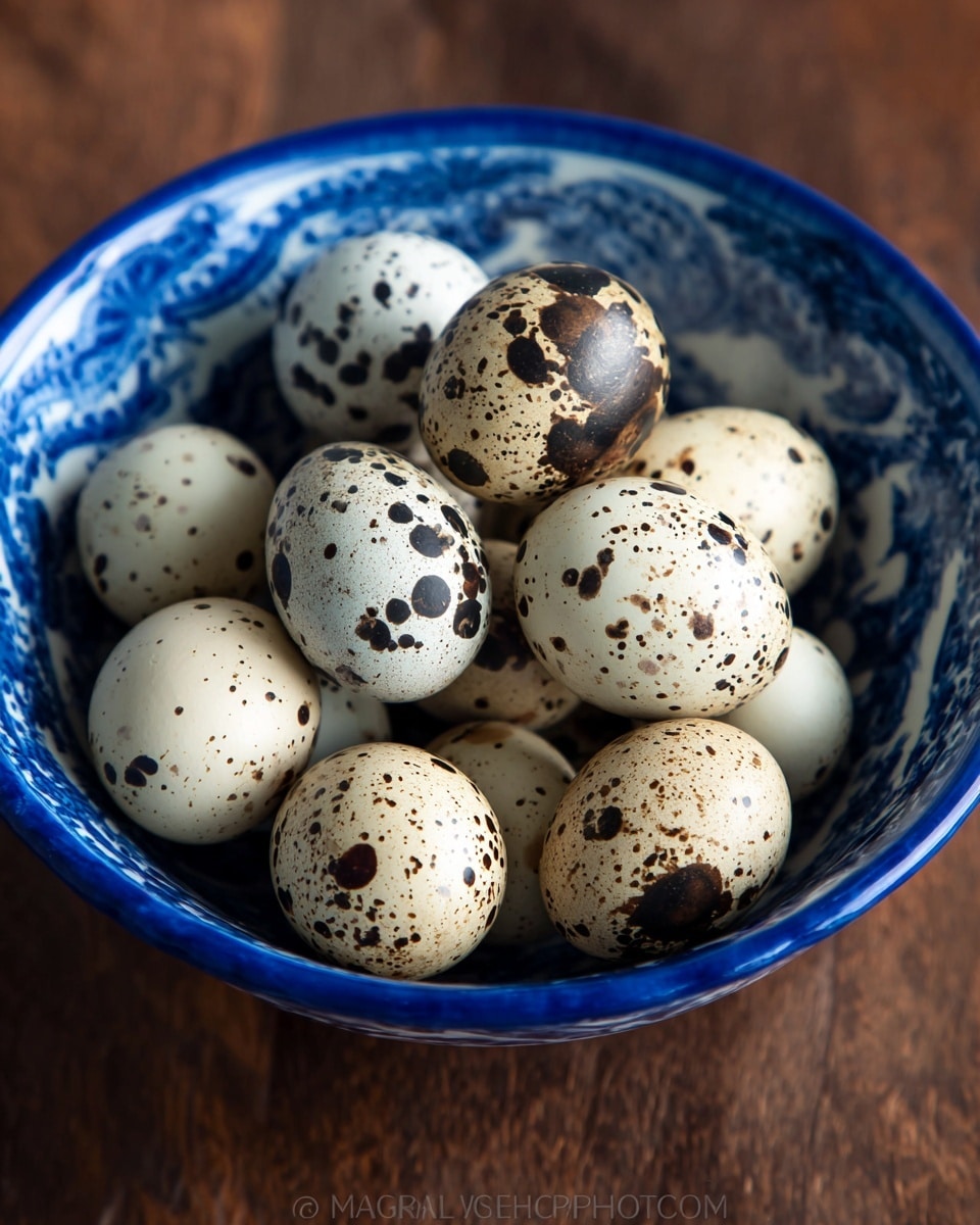 A blue and white patterned bowl filled with a pile of speckled quail eggs. The eggs are cream-colored with dark brown and black spots, scattered unevenly over their shells. The bowl sits on a smooth wood surface that provides a warm brown contrast to the cool colors of the bowl and eggs. The focus is sharp on the eggs, showing their small, oval shape and textured spots clearly. photo taken with an iphone --ar 4:5 --v 7