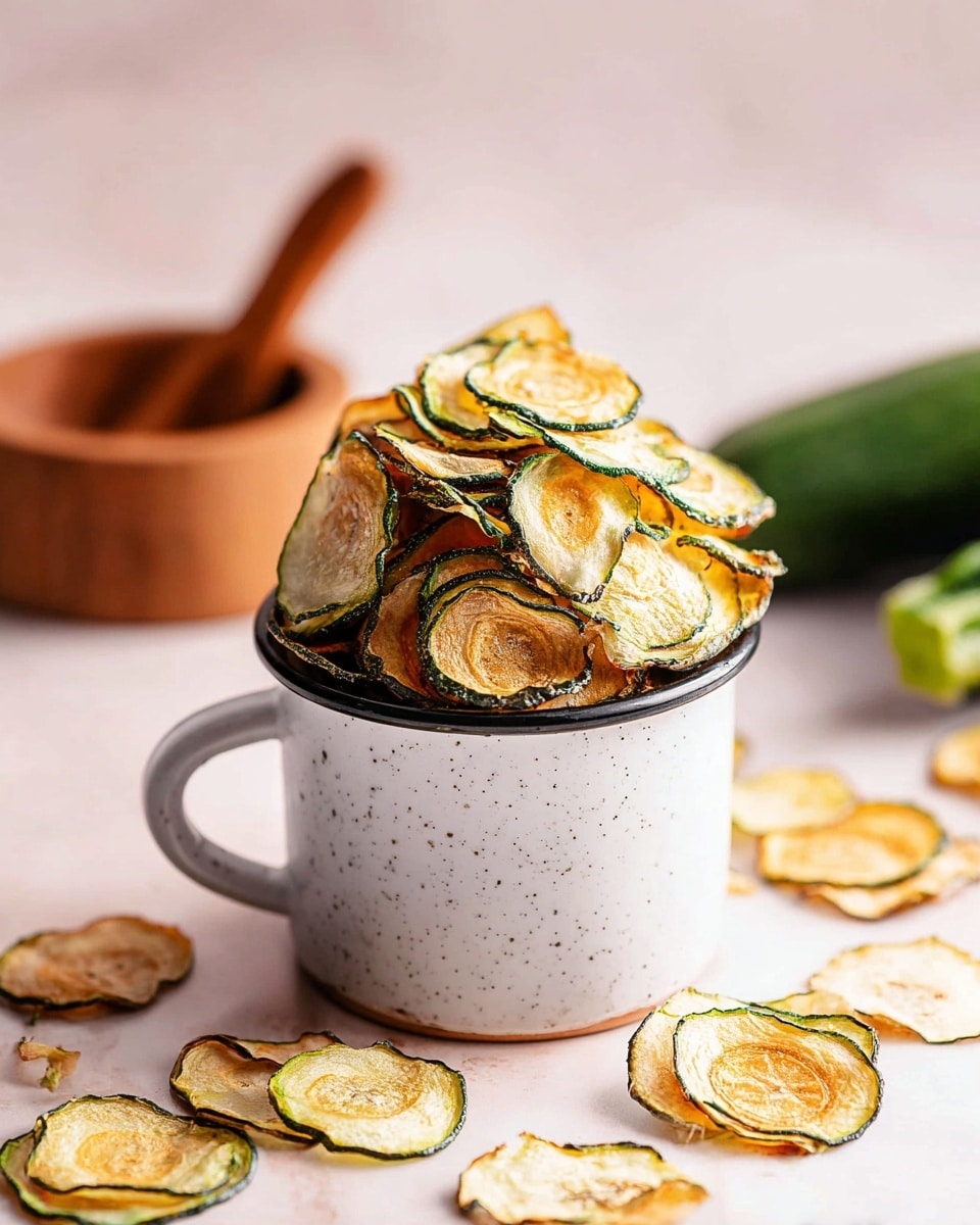 A tall pile of thin, crispy zucchini chips with a light golden brown center and dark green edges sits inside a small white speckled cup with a handle, placed on a white marbled surface. Some chips are scattered around the cup, showing the same golden and green colors with a delicate, slightly oily texture. In the background on the left, there is a wooden container with a small wooden spoon resting inside, blurred softly, and on the right, some whole green zucchinis are also softly blurred. The lighting is bright, highlighting the chips' crispy textures and warm colors. photo taken with an iphone --ar 4:5 --v 7