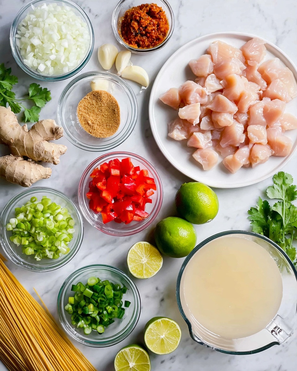The image shows an array of cooking ingredients neatly placed on a white marbled surface, arranged in small clear glass bowls and plates. There are seven bowls and plates: one filled with finely chopped white onions, one with reddish-brown paste, one with light brown sugar, one with bright green sliced spring onions, one with bright red diced bell peppers, and a larger white plate holding chunks of raw light pink chicken pieces. Two whole limes, one sliced in half, are placed beside the bowls along with fresh green cilantro leaves. Fresh ginger root with slices is positioned next to the bowls, near three peeled garlic cloves. A clear measuring cup holds a light brown liquid, and another clear measuring cup contains a creamy white liquid. At the bottom of the image, uncooked thin noodles rest under the measuring cups. The overall setup is bright, clean, and colorful, forming a fresh and organized look. Photo taken with an iphone --ar 4:5 --v 7