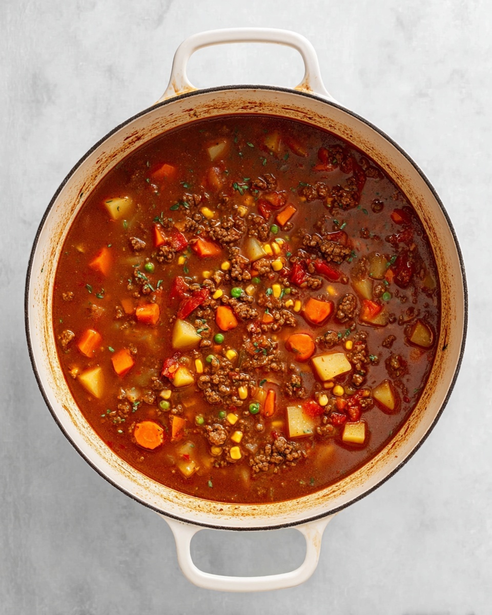 The image shows a white pot with two handles filled with a thick brown stew. Inside the stew, there are visible small chunks of orange carrots, yellow corn, green peas, red tomato pieces, and light brown potato cubes, mixed with browned ground meat. The liquid is rich and reddish-brown with bits of herbs and spices floating throughout. The pot sits on a white marbled surface, with some slight stains on the inner sides of the pot. photo taken with an iphone --ar 4:5 --v 7