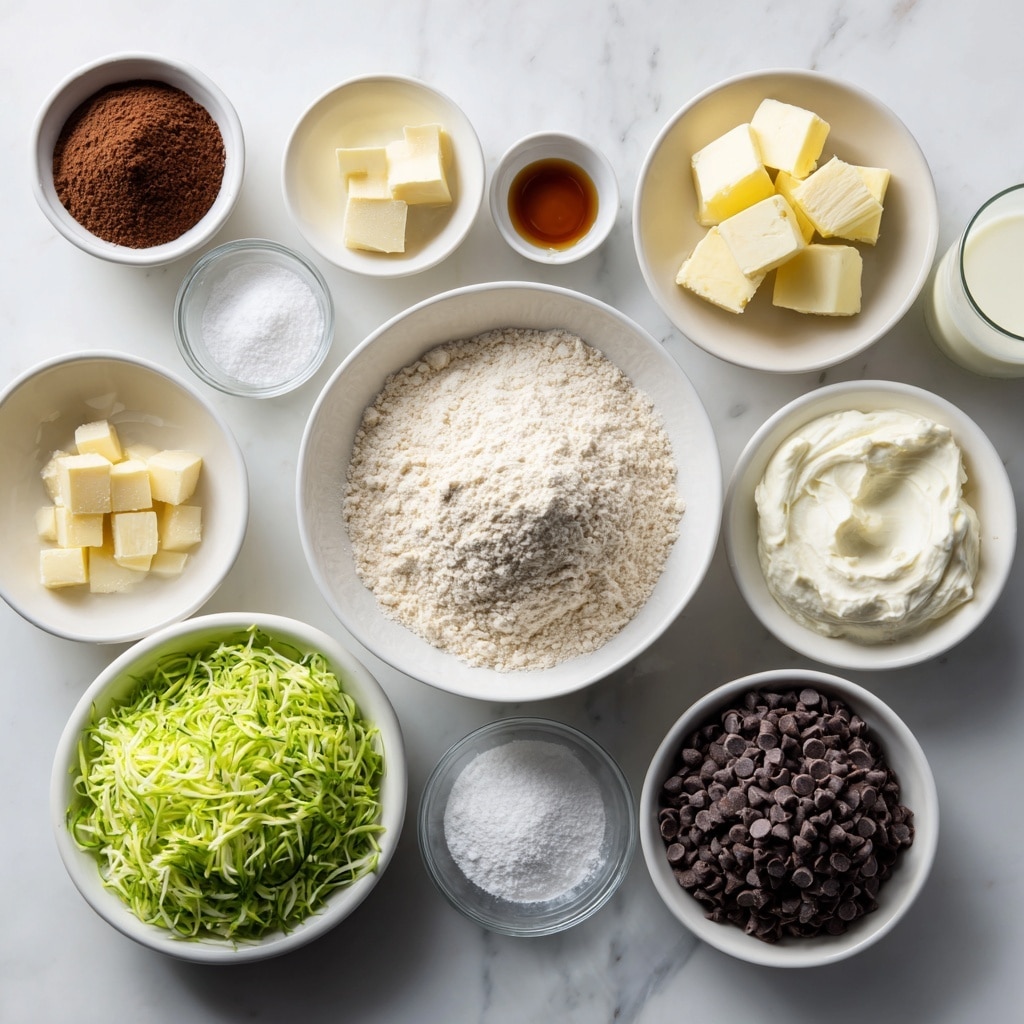 The image shows a neatly arranged collection of baking ingredients on a white marbled surface, each in separate small white or clear bowls. At the center is a white bowl filled with light beige flour, surrounded by smaller bowls containing white baking powder, baking soda, and salt. Next to these is a bowl of creamy white sour cream and another with pale yellow butter pieces. A bowl with a raw egg, showing a bright yellow yolk, sits near a white container holding cream. Below these, a small pile of vibrant green shredded zucchini is placed in a white bowl. Nearby, a clear bowl holds dark brown cocoa powder, while another clear bowl is filled with fine white sugar. There is also a clear bowl with dark chocolate chips and a small white bowl holding brown vanilla extract. To the side, a clear glass container holds white milk. The setup is well-lit, with soft, natural lighting enhancing the colors and textures. Photo taken with an iphone --ar 4:5 --v 7