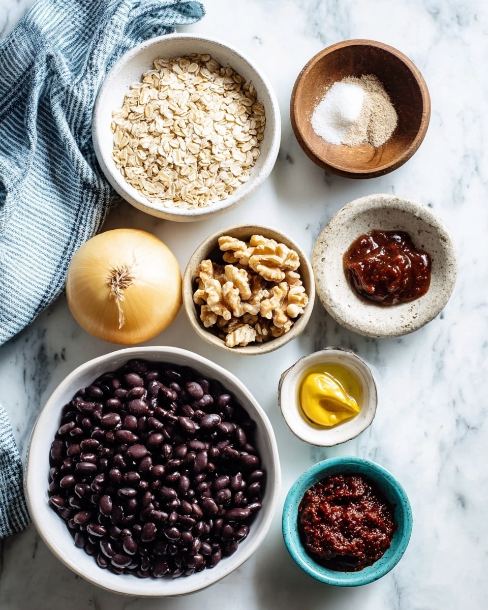 A top view of a collection of ingredients arranged on a white marbled surface: a large white bowl filled with dark glossy black beans sits near the center, next to a whole yellow onion with smooth skin; a white plate holds light brown cooked rice grains below the beans; a turquoise bowl contains uncooked oats to the left; a small wooden bowl holds coarse salt and garlic powder above the rice; a small turquoise bowl with a yellow mustard dollop and dark brown sauce sits to the right; a small round white bowl is filled with light brown walnut pieces near the bottom center, and beside it is a small turquoise bowl with reddish-brown chili paste. A soft blue and white striped cloth is visible to the left edge of the frame. Photo taken with an iphone --ar 4:5 --v 7