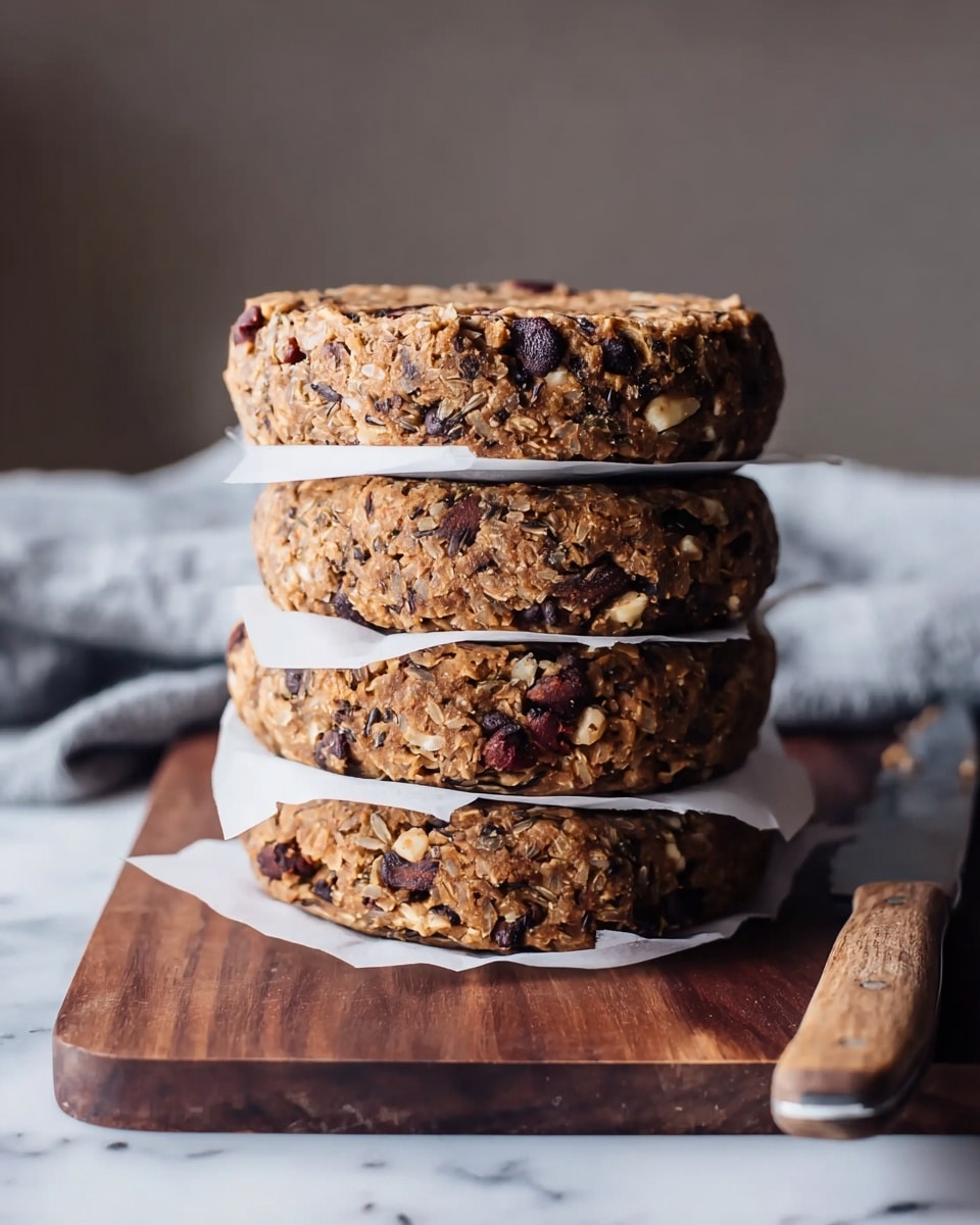 The image shows a stack of four thick, round veggie patties with a rough texture, containing visible black beans, small bits of onion, and grains. Each patty is brown with darker and lighter specks, and they are separated by thin white paper sheets. The stack is placed on a dark wooden board which rests on a white marbled surface. In the background, there is a blurred gray cloth, and to the right, a knife with a wooden handle lies on the surface. The lighting is soft, highlighting the texture and details of the patties. Photo taken with an iphone --ar 4:5 --v 7