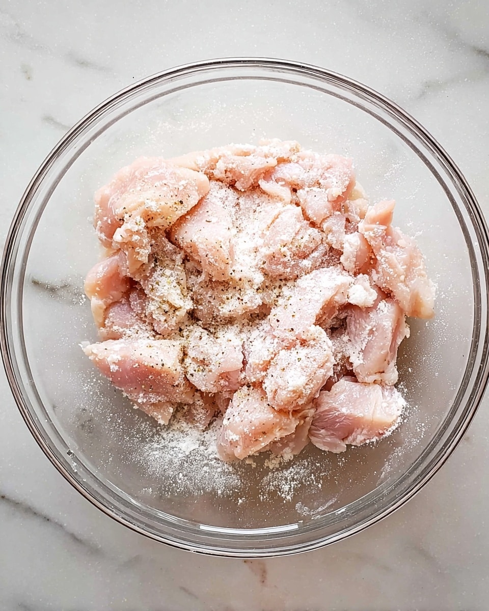 In a clear glass bowl placed on a white marbled surface, there are small pieces of raw chicken tossed with white powder and black pepper. The chicken pieces are pale pink with some parts showing a slightly darker pink shade. The white powder lightly coats the chicken, giving a dusted texture visible on both the chicken and inside the bowl. The bowl edges are clear and rounded, showing the contents inside clearly. photo taken with an iphone --ar 4:5 --v 7