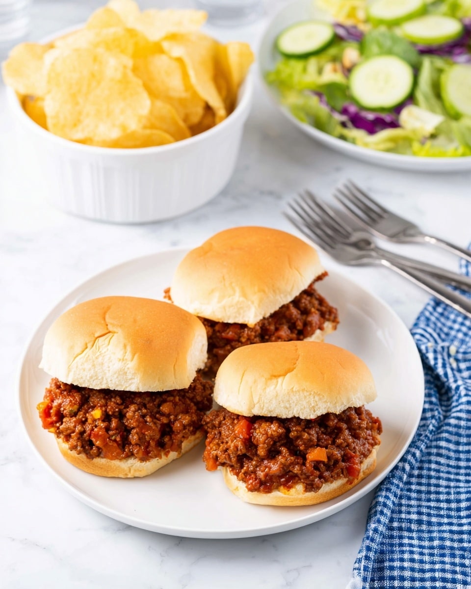 Three sloppy joe sandwiches sit on a white plate, each sandwich showing two soft, light brown buns with a thick middle layer of chunky ground meat mixed with small pieces of red and yellow bell peppers and sauce. Behind the plate, there is a white bowl filled with crisp, yellow potato chips and a white plate with a fresh salad of light green lettuce, cucumber slices, and bits of purple cabbage. The setting is on a white marbled surface with two silver forks lying next to a blue and white checkered cloth napkin. Photo taken with an iphone --ar 4:5 --v 7