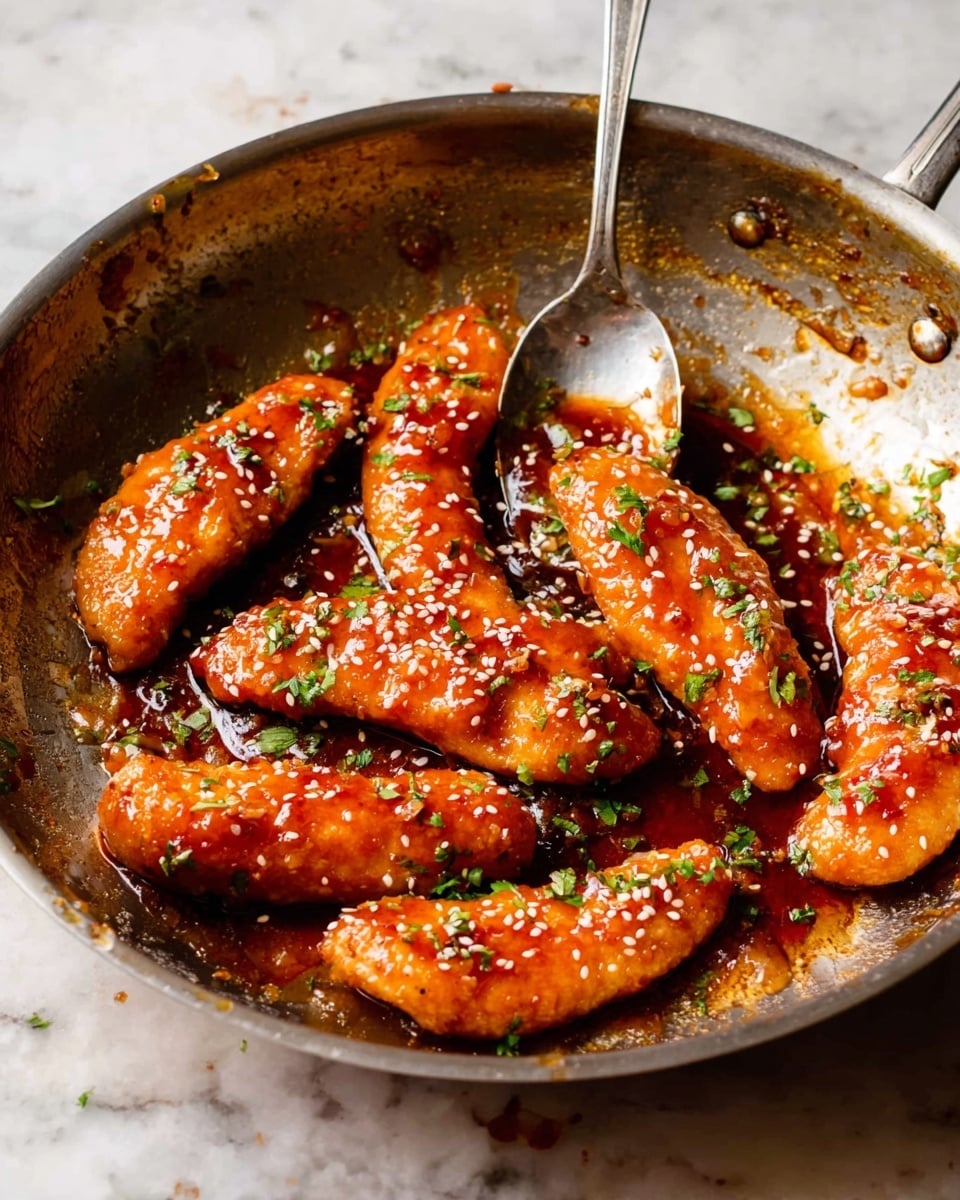The image shows a pan with six glossy, orange-brown chicken tenders coated in a shiny sauce. The tenders are sprinkled with white sesame seeds and finely chopped green herbs. A silver spoon is resting at the side of the pan, partly lifting one tender, with the sauce pooling slightly around the edges. The pan has a slightly worn look with some browned bits around, and the background is a white marbled surface. photo taken with an iphone --ar 4:5 --v 7