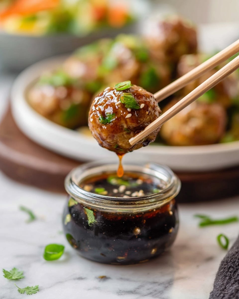 A shiny round meatball with visible green herbs and white sesame seeds on its surface is held by wooden chopsticks close to a small glass jar filled with dark brown sauce, with a drop of sauce falling from the meatball. In the background, a white plate with more meatballs garnished with green herbs sits on a white marbled surface, with a blurred bowl of colorful salad behind it. The scene is bright and clear with natural lighting. photo taken with an iphone --ar 4:5 --v 7